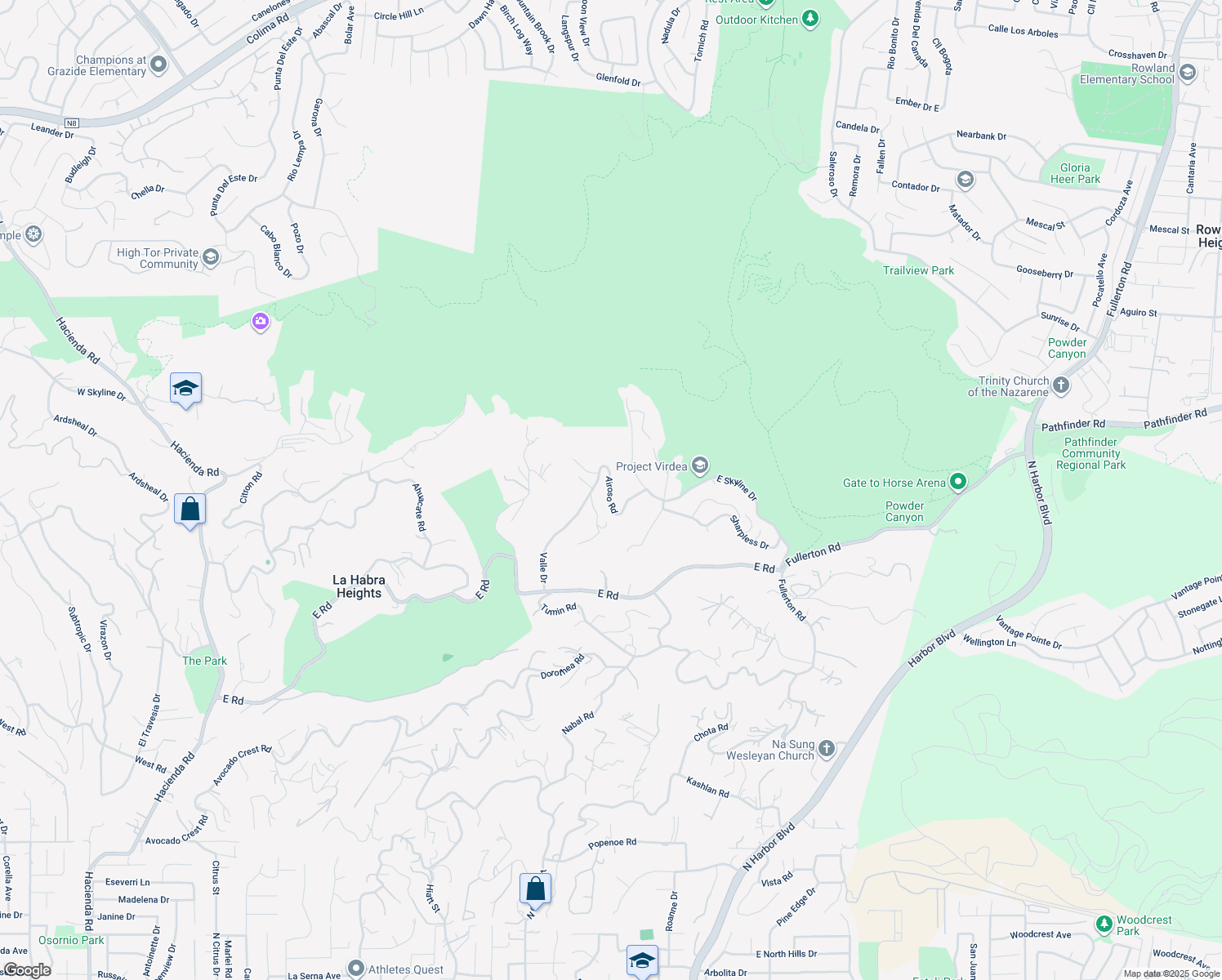map of restaurants, bars, coffee shops, grocery stores, and more near Airoso Road in La Habra Heights