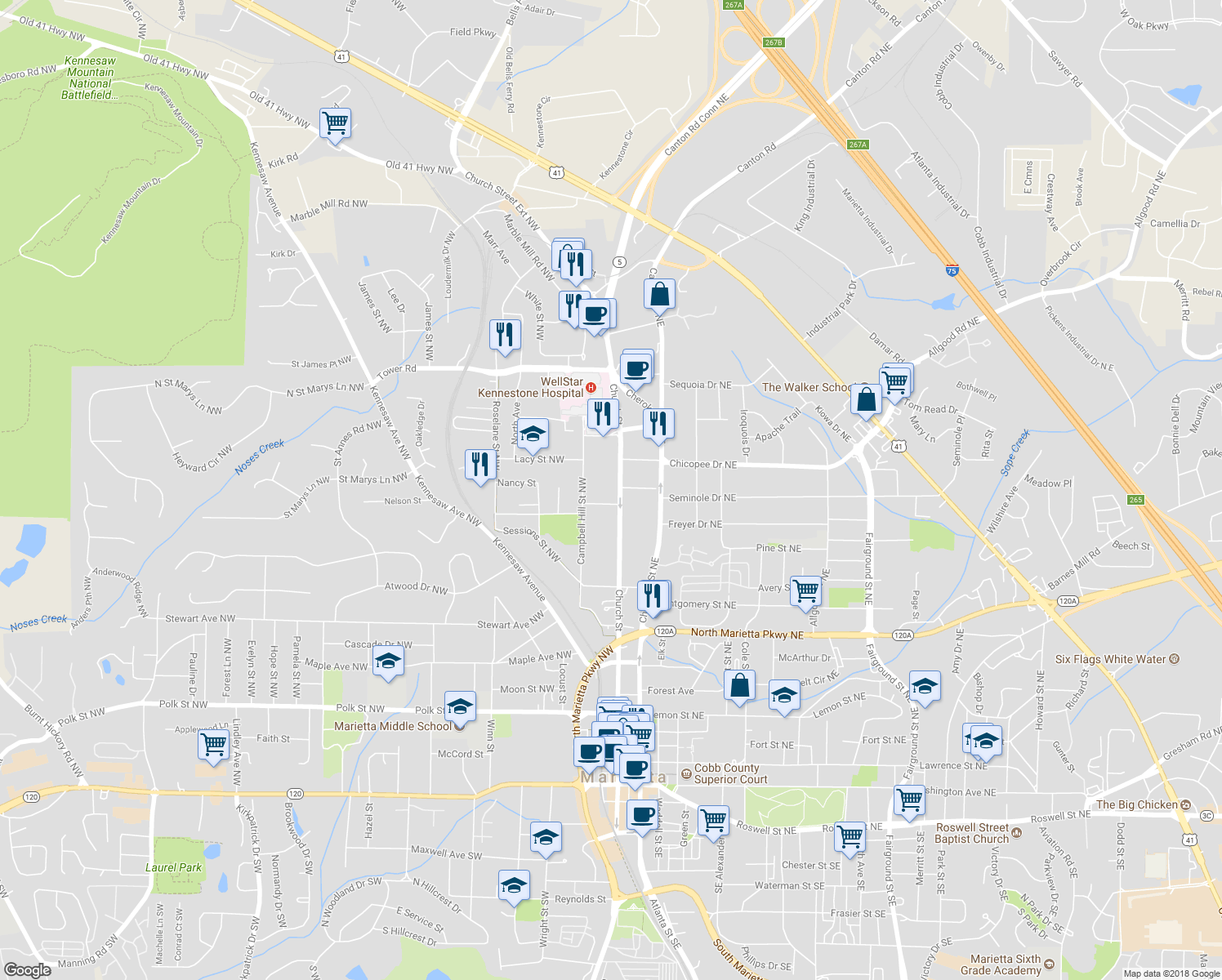 map of restaurants, bars, coffee shops, grocery stores, and more near 551 Church Street in Marietta