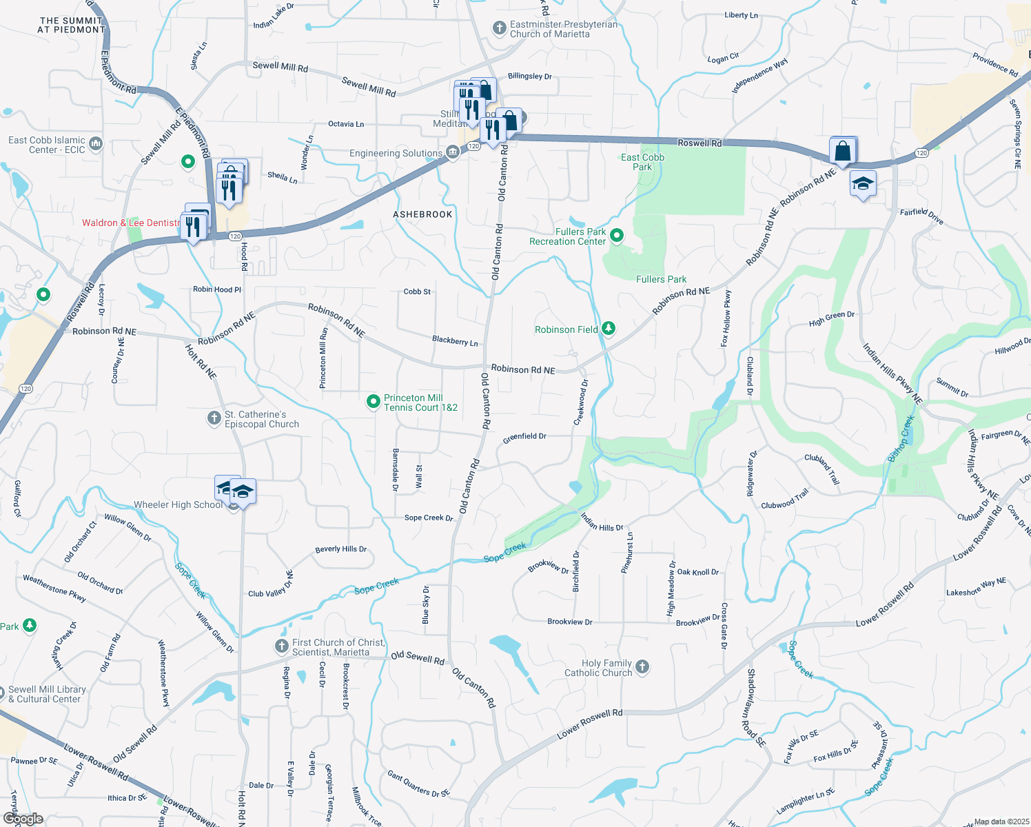 map of restaurants, bars, coffee shops, grocery stores, and more near 3199 Old Canton Court in Marietta