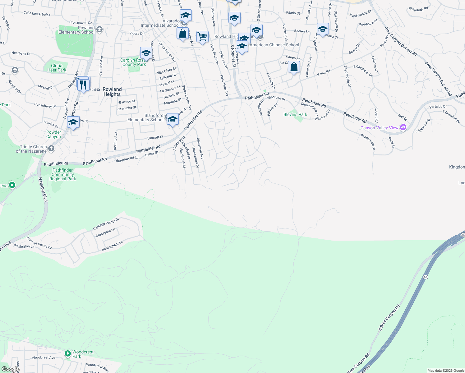 map of restaurants, bars, coffee shops, grocery stores, and more near 18869 Chessington Place in Rowland Heights