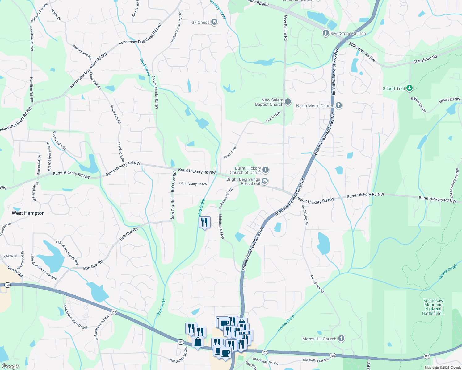 map of restaurants, bars, coffee shops, grocery stores, and more near 475 Mcdaniel Road Northwest in Marietta