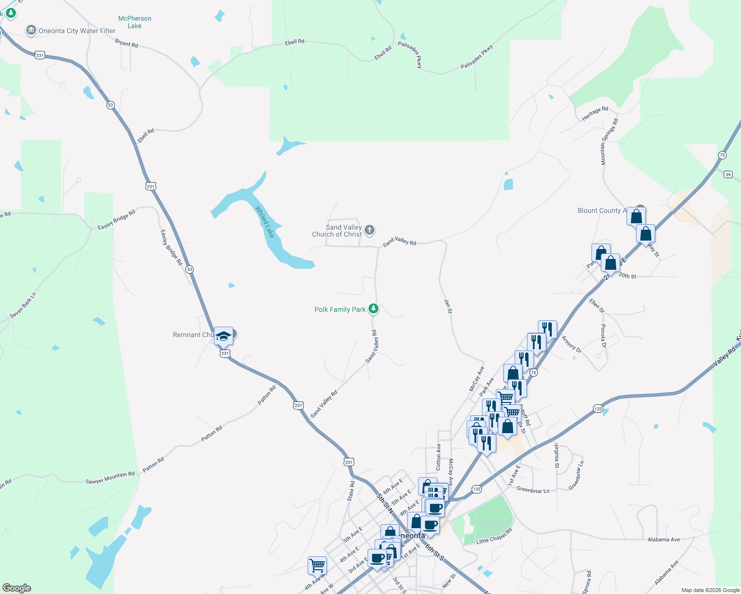 map of restaurants, bars, coffee shops, grocery stores, and more near 1315 Sand Valley Road in Oneonta