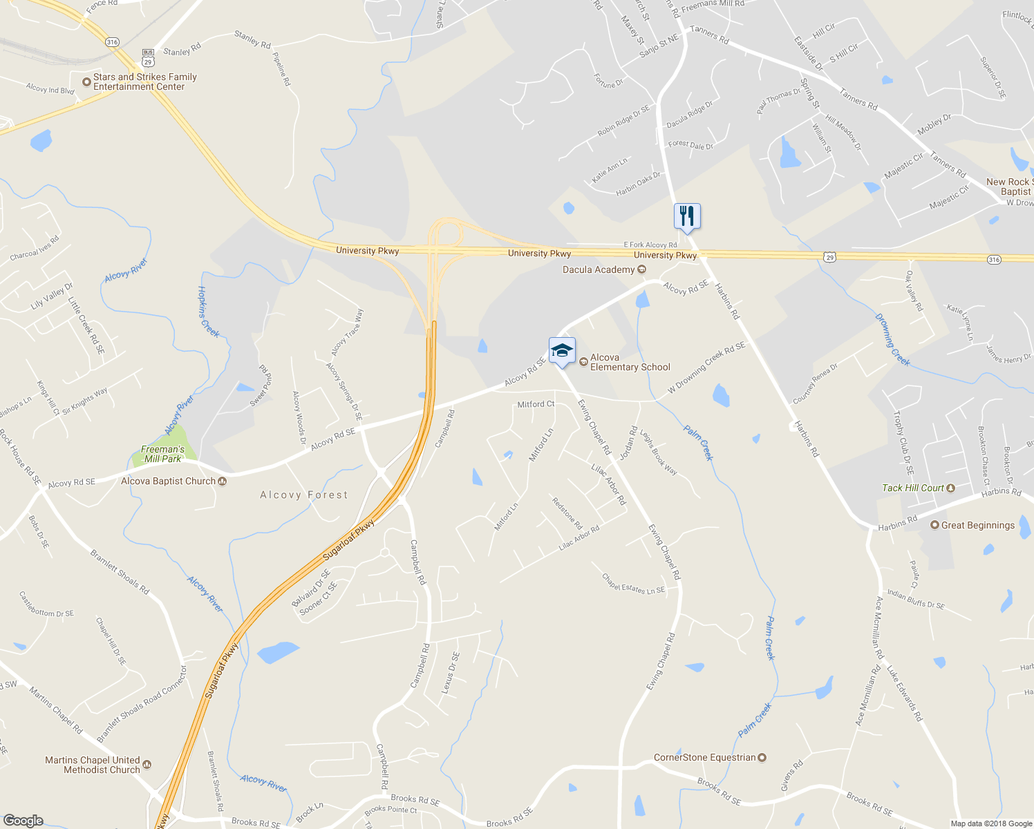 map of restaurants, bars, coffee shops, grocery stores, and more near 2304 Mitford Court in Dacula