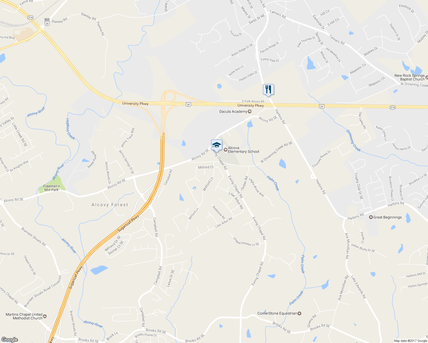 map of restaurants, bars, coffee shops, grocery stores, and more near 1038 Mitford Ln in Dacula
