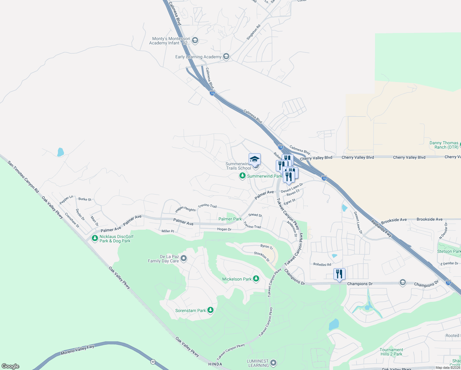 map of restaurants, bars, coffee shops, grocery stores, and more near 35196 Trevino Trail in Beaumont