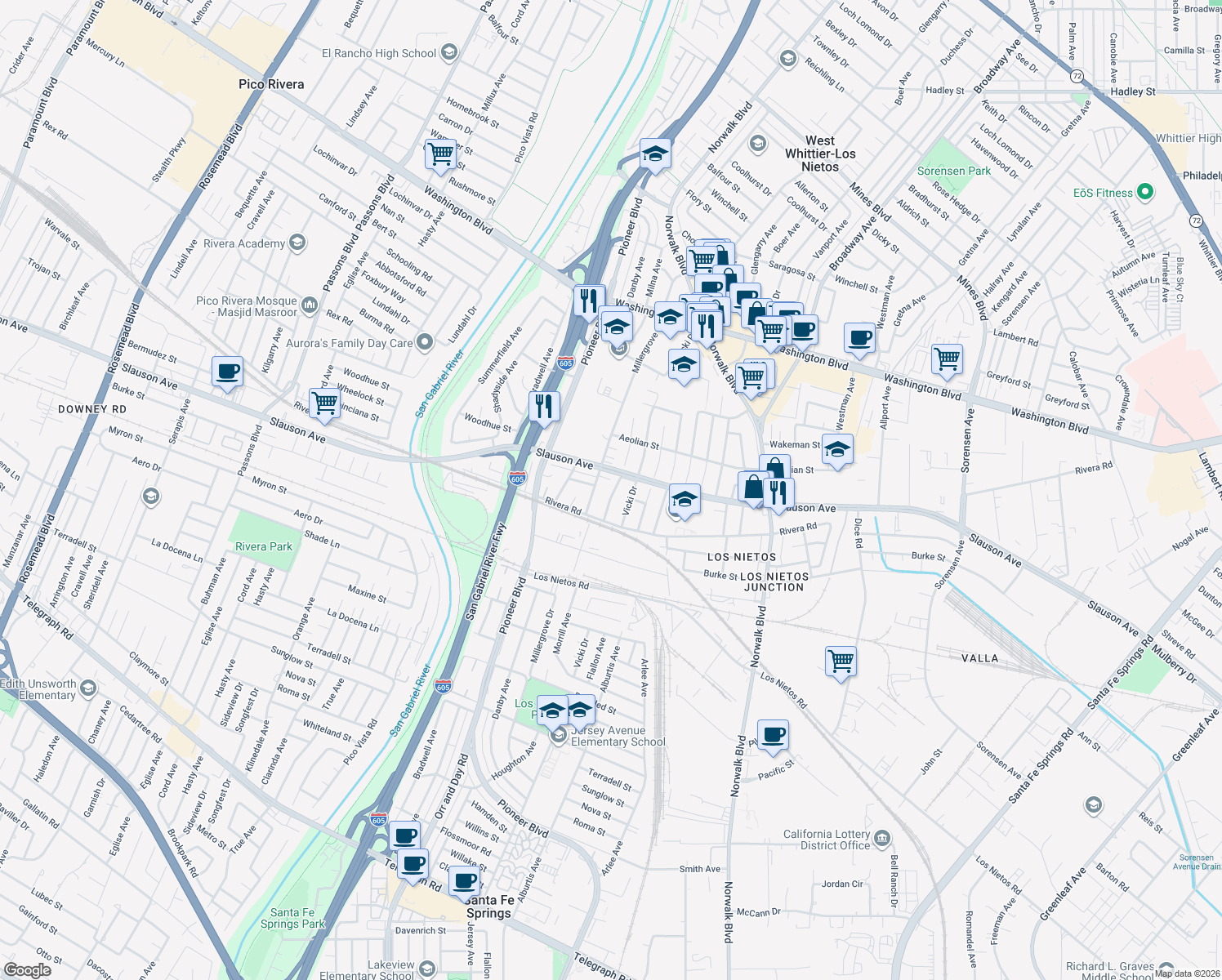 map of restaurants, bars, coffee shops, grocery stores, and more near 8529 Morrill Avenue in Whittier