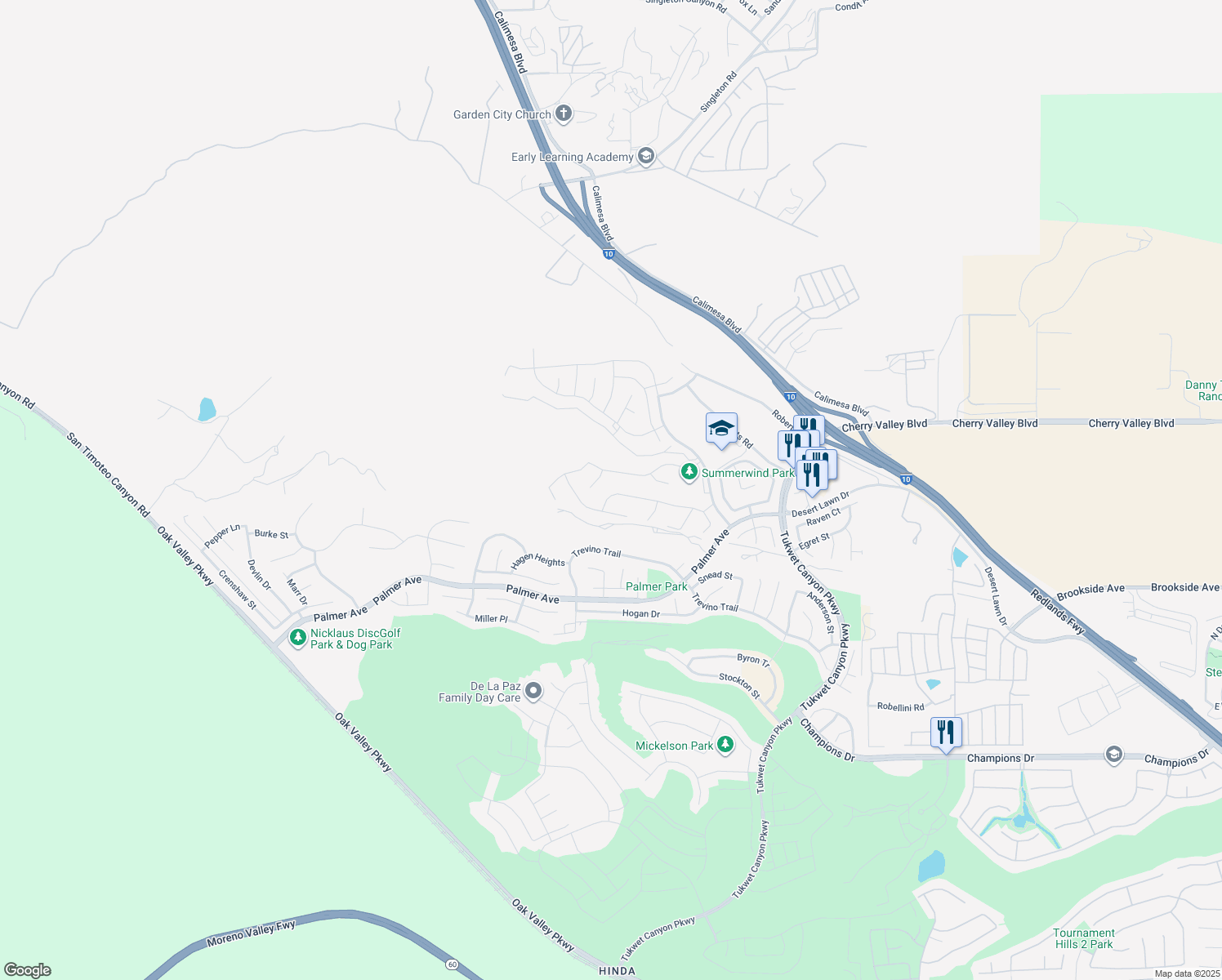 map of restaurants, bars, coffee shops, grocery stores, and more near 1304 Joshua Tree Road in Beaumont