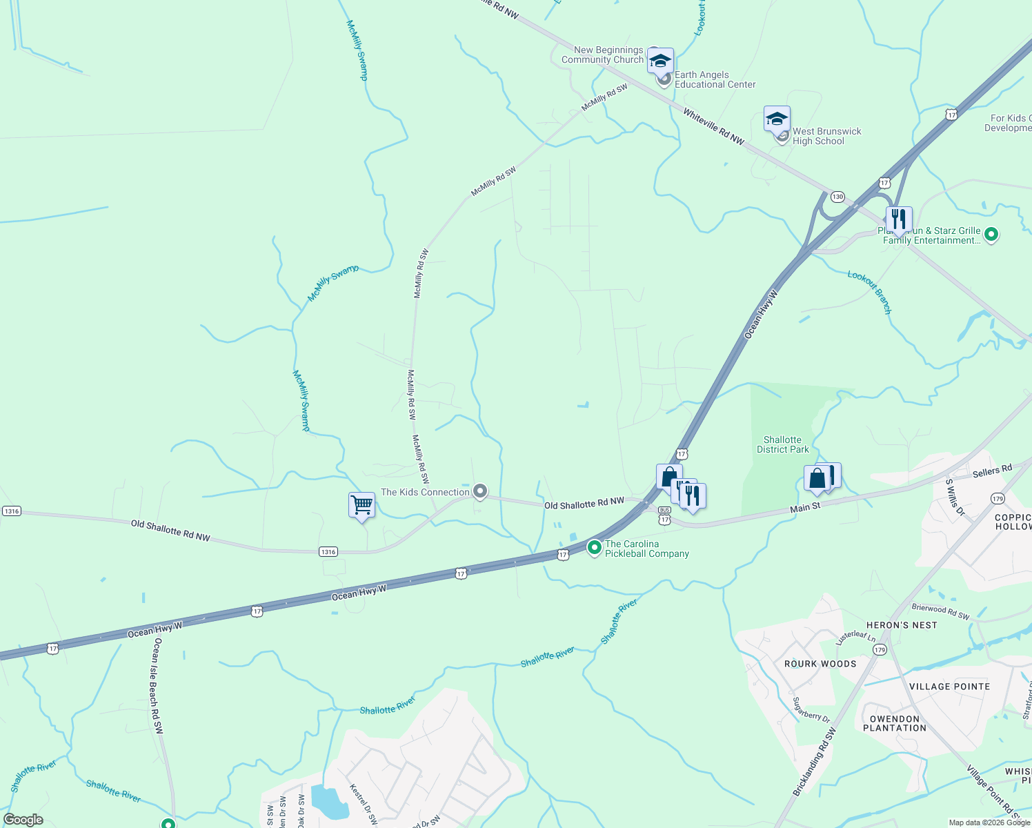 map of restaurants, bars, coffee shops, grocery stores, and more near 350 Tryon Rd NW in Shallotte