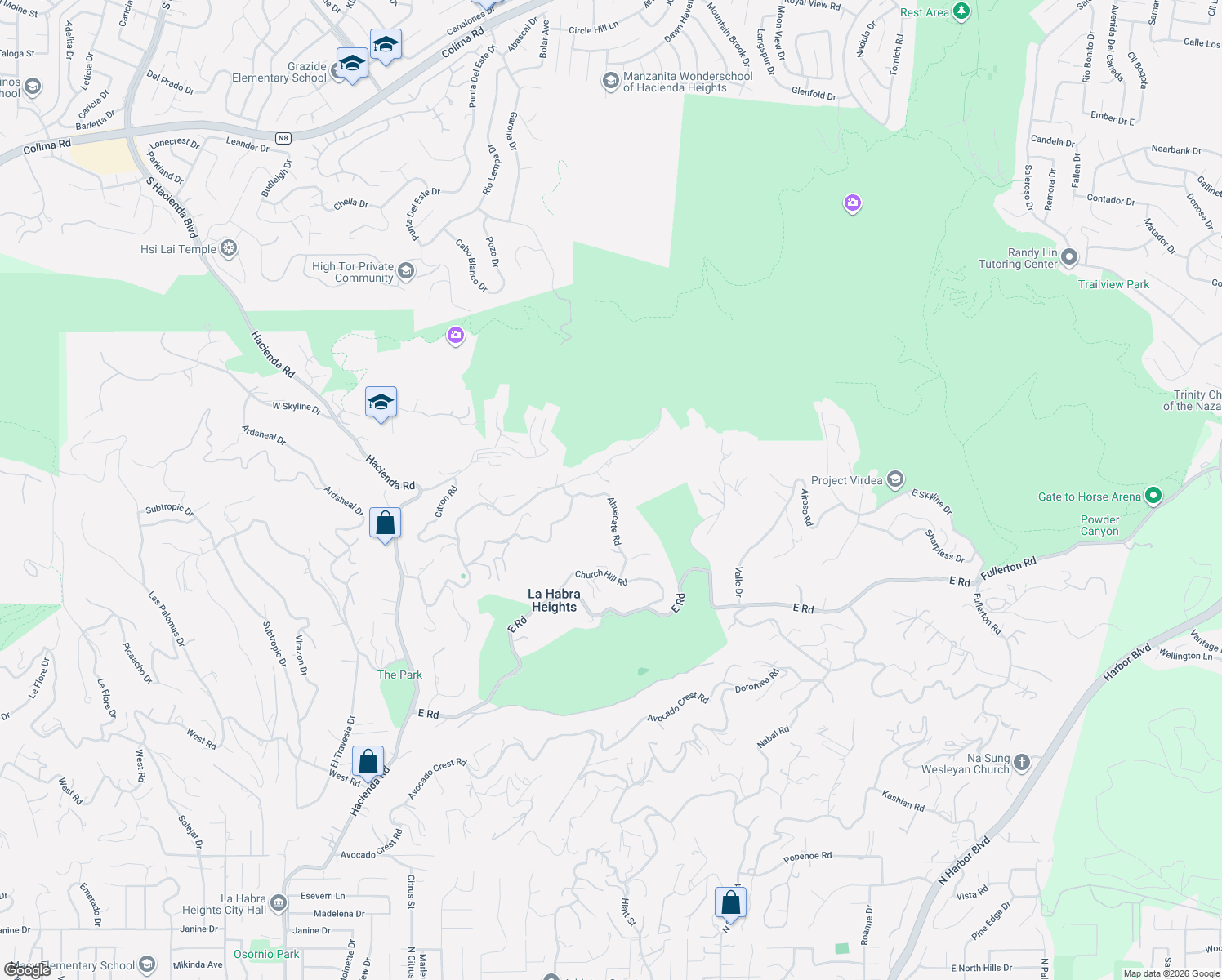 map of restaurants, bars, coffee shops, grocery stores, and more near 2182 Ahuacate Road in La Habra Heights