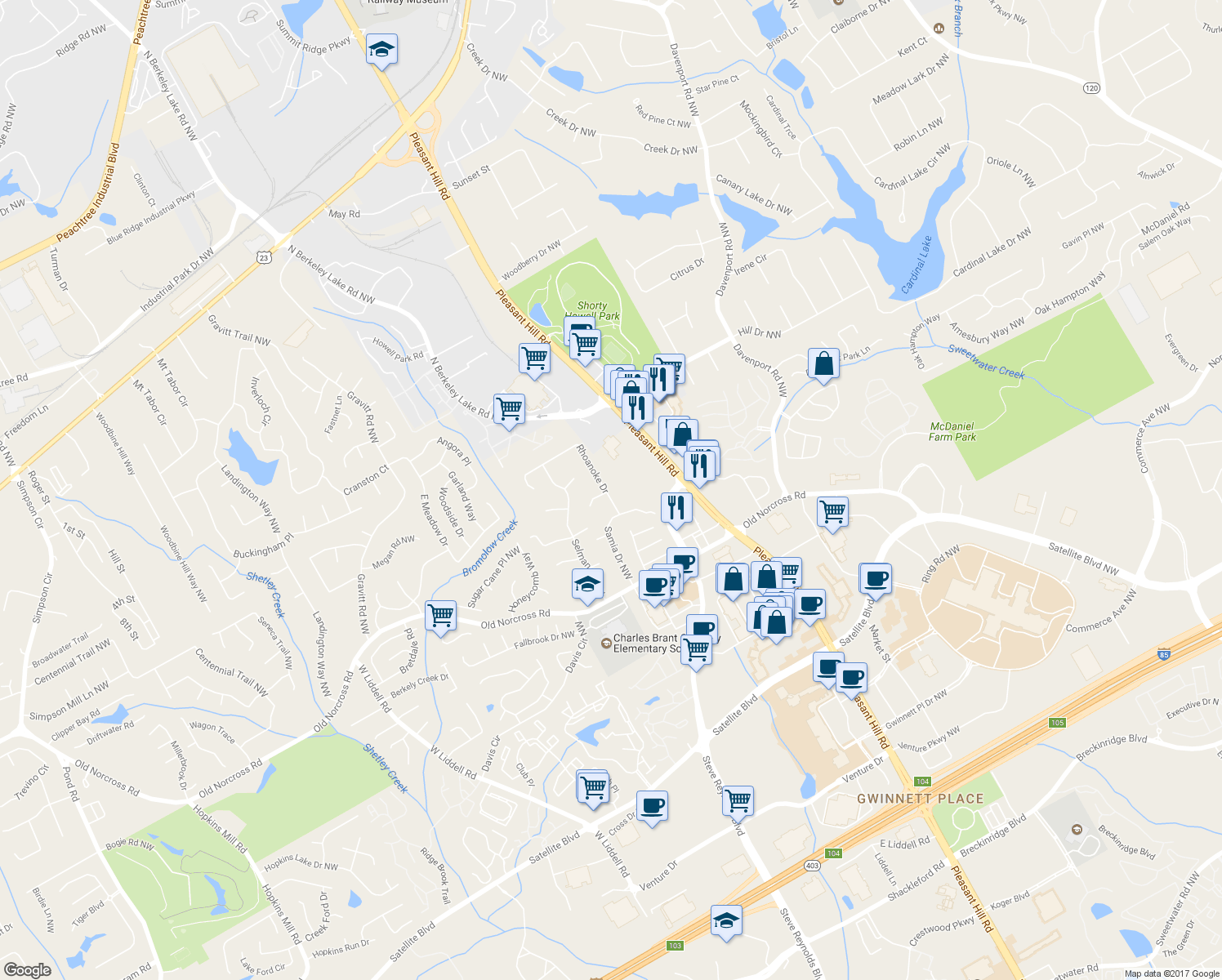 map of restaurants, bars, coffee shops, grocery stores, and more near 2455 Rhoanoke Drive in Duluth