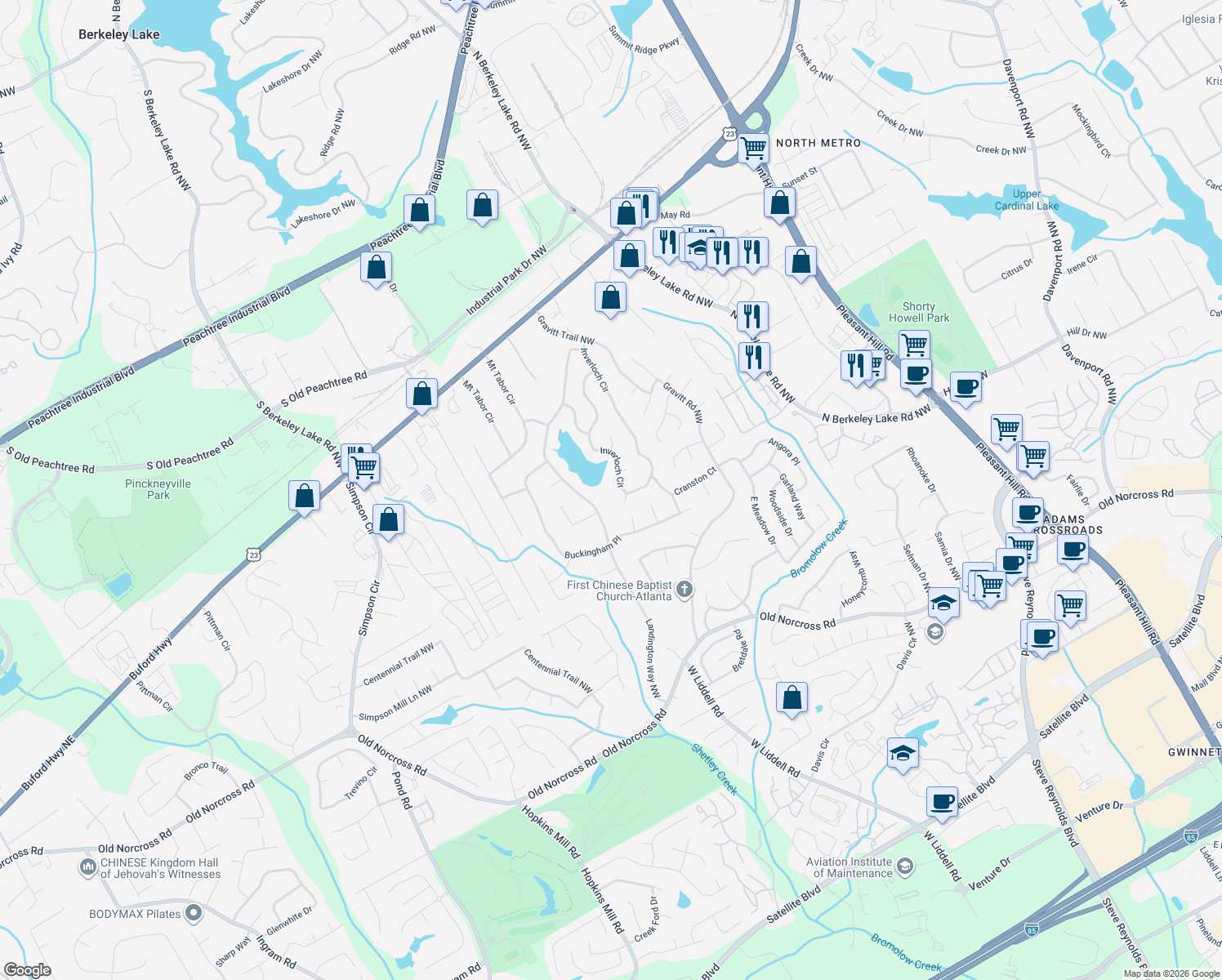 map of restaurants, bars, coffee shops, grocery stores, and more near 2722 Inverloch Cir in Duluth