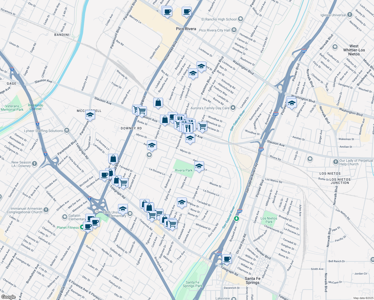 map of restaurants, bars, coffee shops, grocery stores, and more near 9449 Myron Street in Pico Rivera
