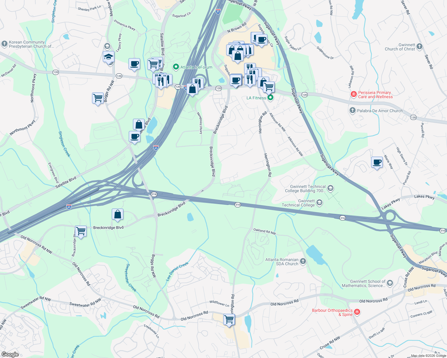 map of restaurants, bars, coffee shops, grocery stores, and more near 2284 Spin Drift Way in Lawrenceville