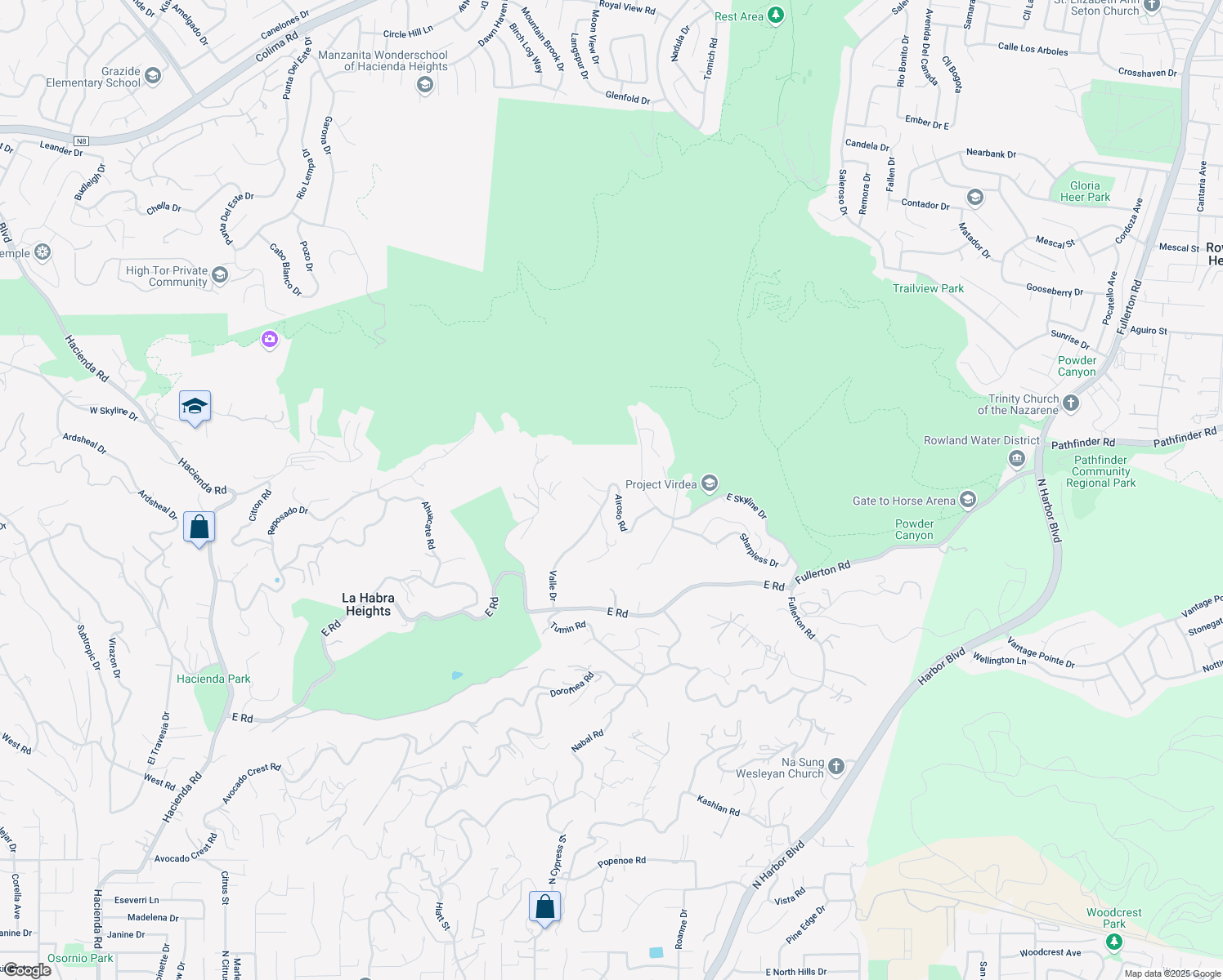 map of restaurants, bars, coffee shops, grocery stores, and more near Airoso Road in La Habra Heights