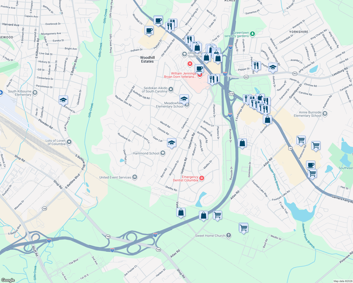 map of restaurants, bars, coffee shops, grocery stores, and more near 652 Galway Lane in Columbia