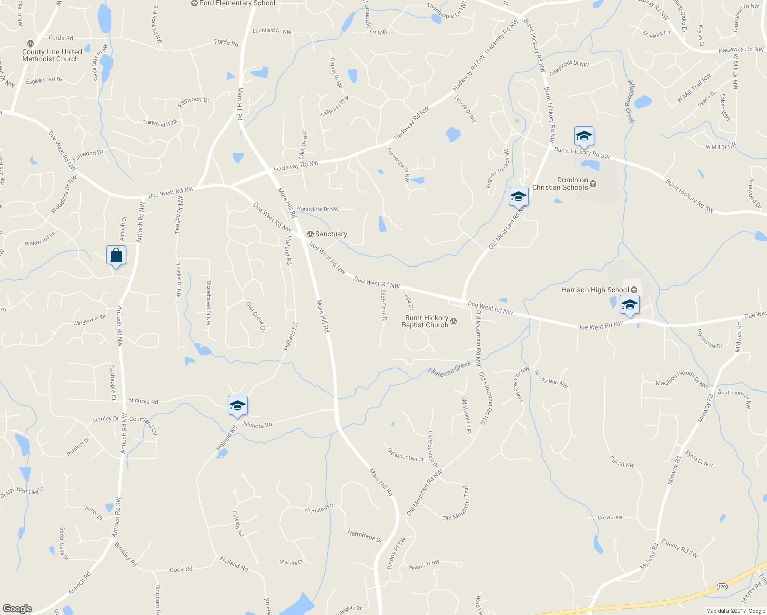 map of restaurants, bars, coffee shops, grocery stores, and more near 468 Scott Farm Drive in Powder Springs