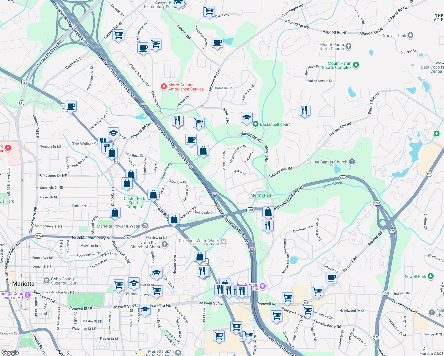 map of restaurants, bars, coffee shops, grocery stores, and more near 609 Bonnie Dell Dr in Marietta