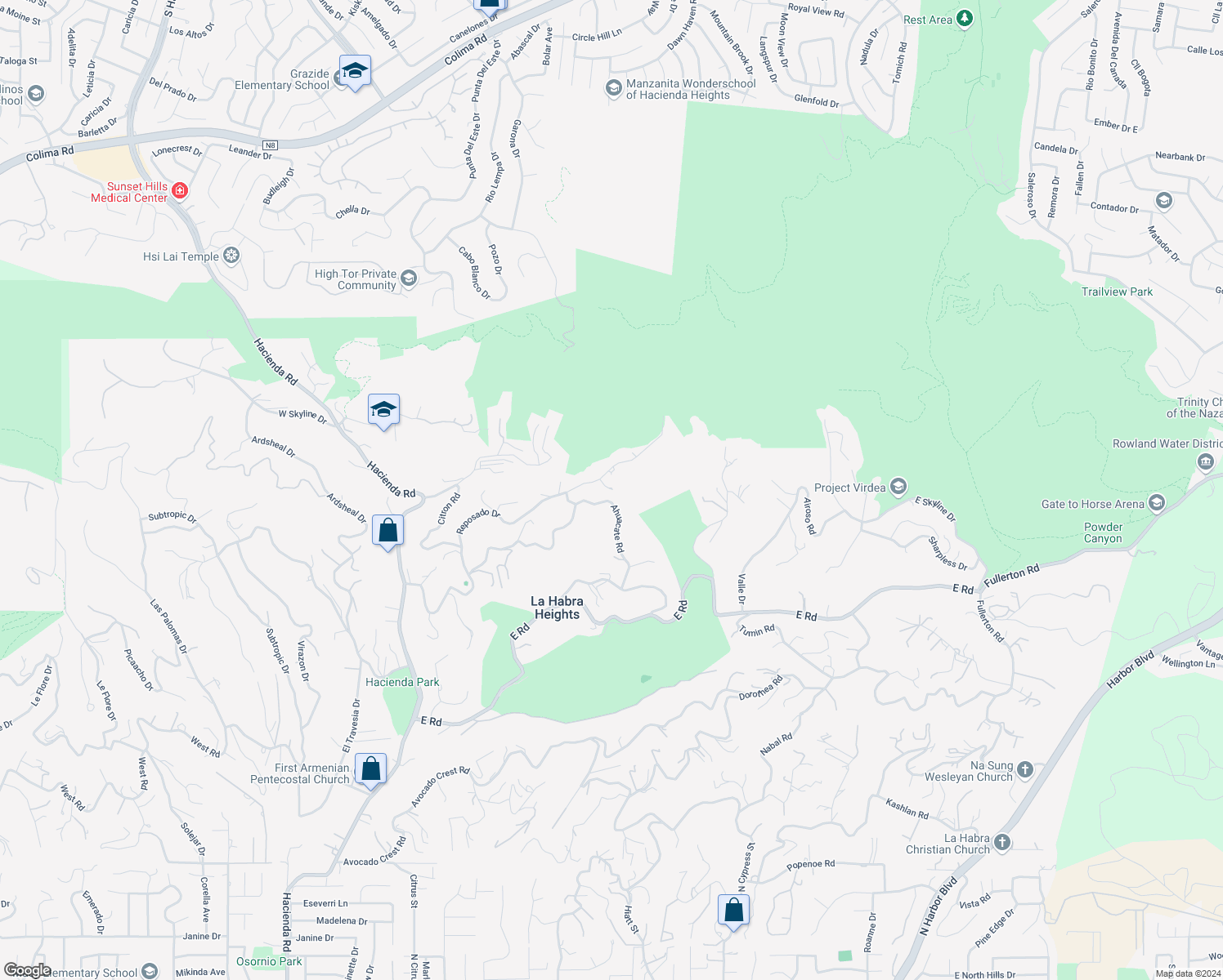 map of restaurants, bars, coffee shops, grocery stores, and more near 858 Reposado Drive in La Habra Heights