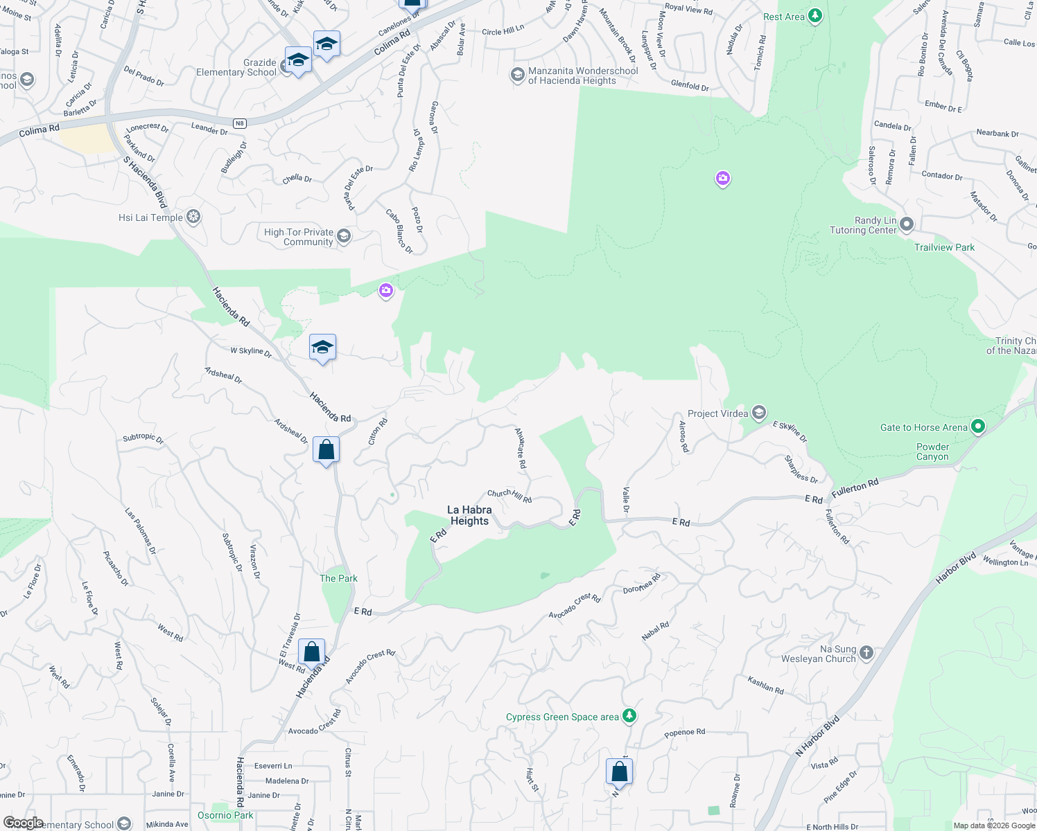 map of restaurants, bars, coffee shops, grocery stores, and more near 858 Reposado Drive in La Habra Heights