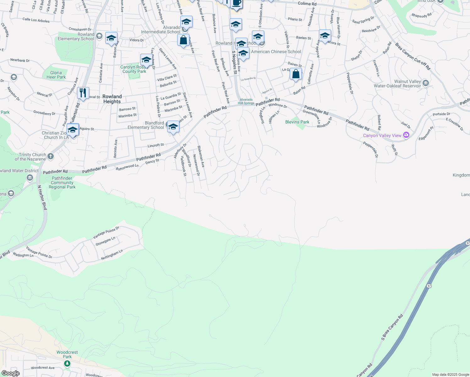 map of restaurants, bars, coffee shops, grocery stores, and more near 18865 Chessington Place in Rowland Heights