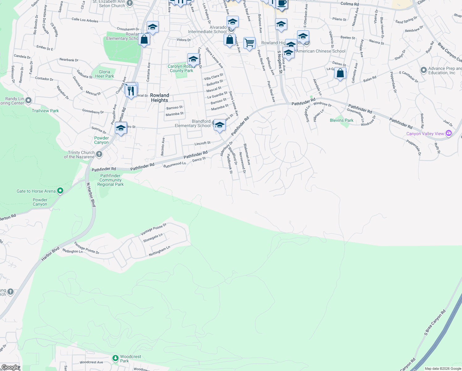 map of restaurants, bars, coffee shops, grocery stores, and more near 18575 Fieldbrook Street in Rowland Heights