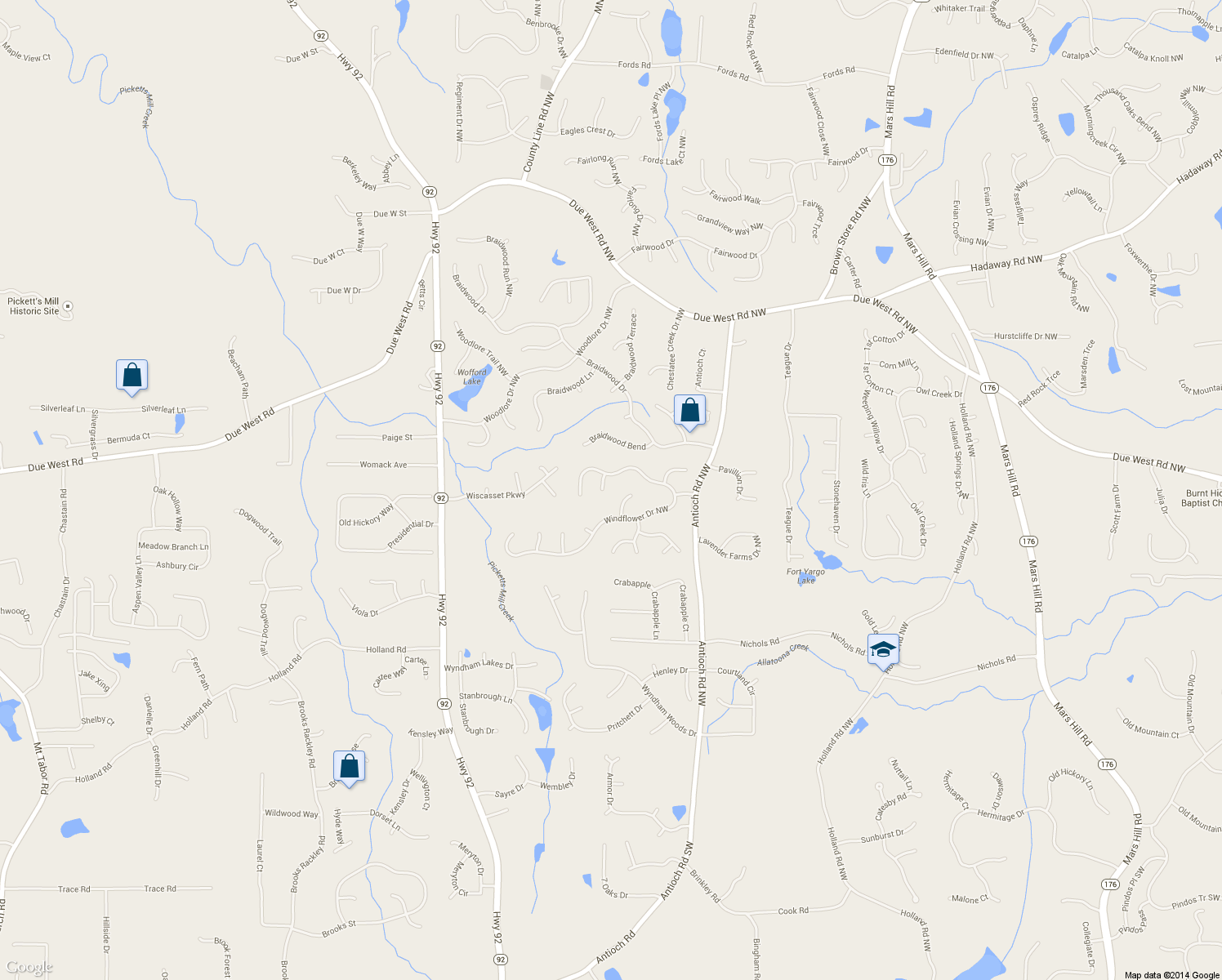 map of restaurants, bars, coffee shops, grocery stores, and more near 432 Sirocco Court Northwest in Powder Springs