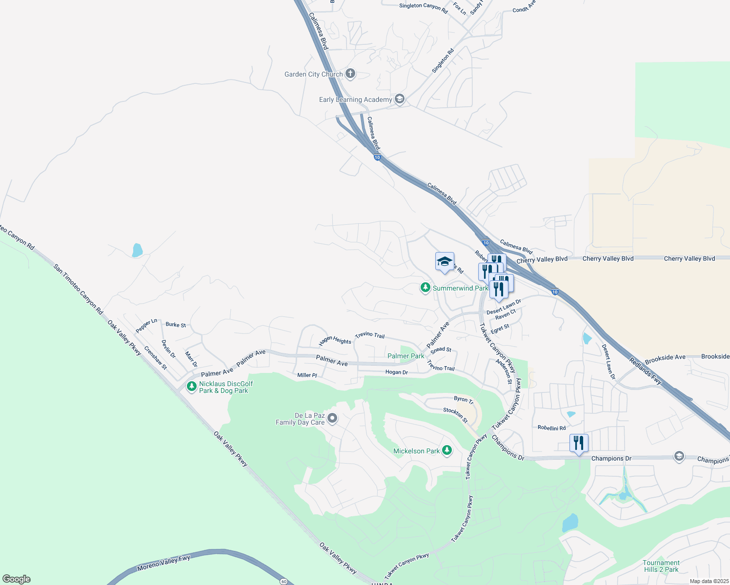map of restaurants, bars, coffee shops, grocery stores, and more near 1535 Overcup Court in Calimesa