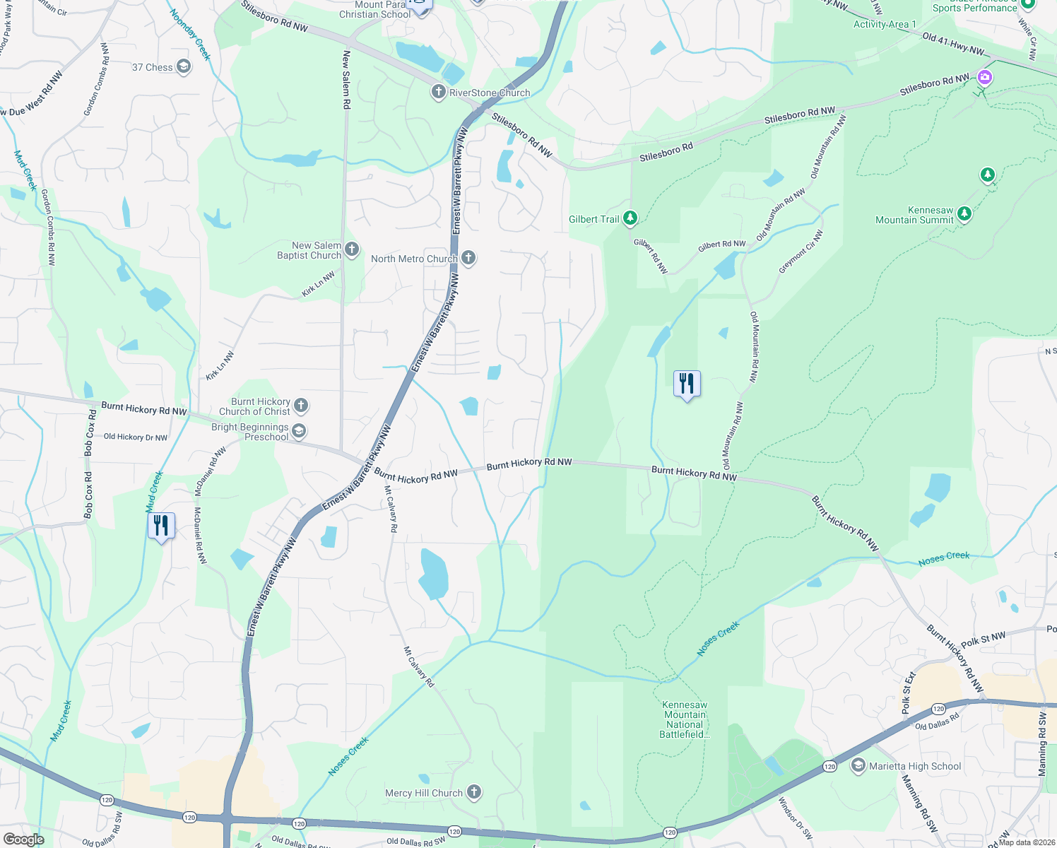 map of restaurants, bars, coffee shops, grocery stores, and more near 1861 Leonidas Trail in Marietta