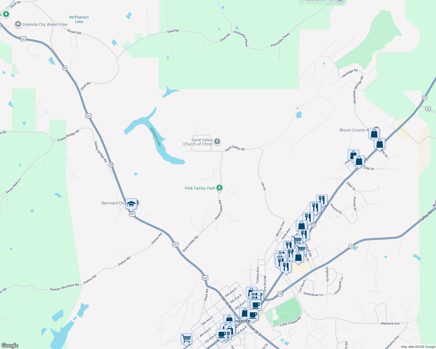 map of restaurants, bars, coffee shops, grocery stores, and more near 1315 Sand Valley Road in Oneonta