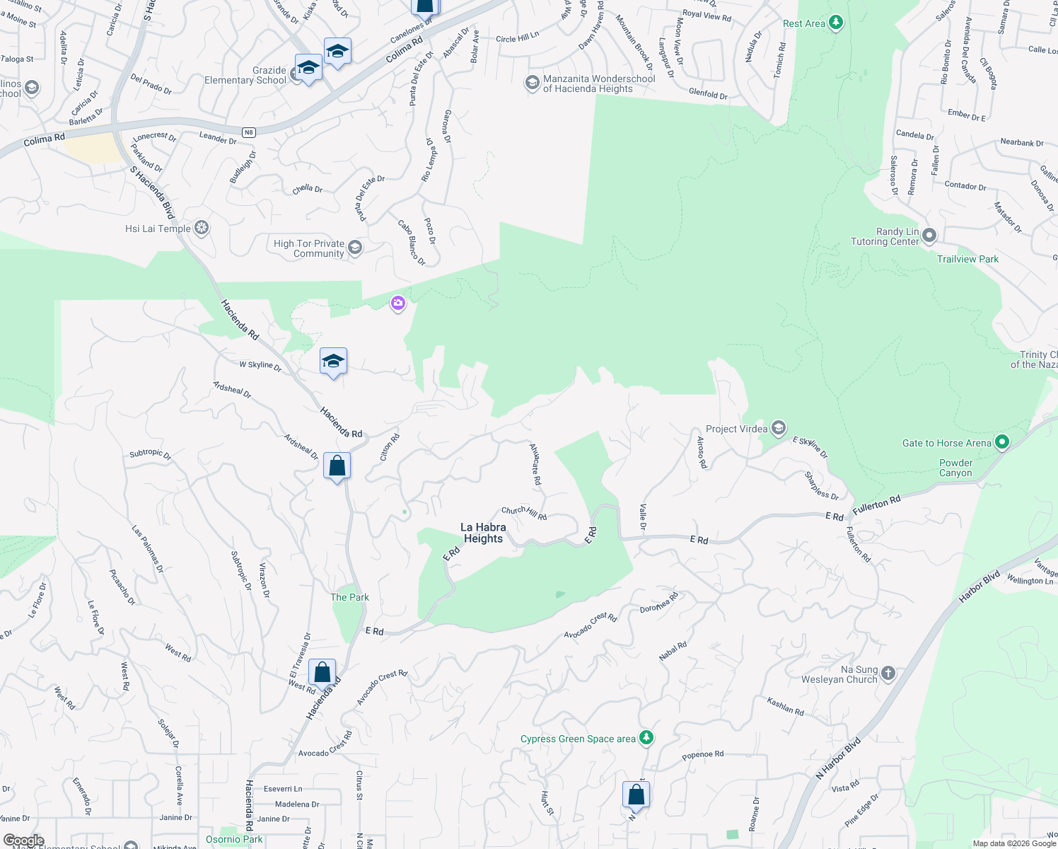map of restaurants, bars, coffee shops, grocery stores, and more near 860 Reposado Drive in La Habra Heights