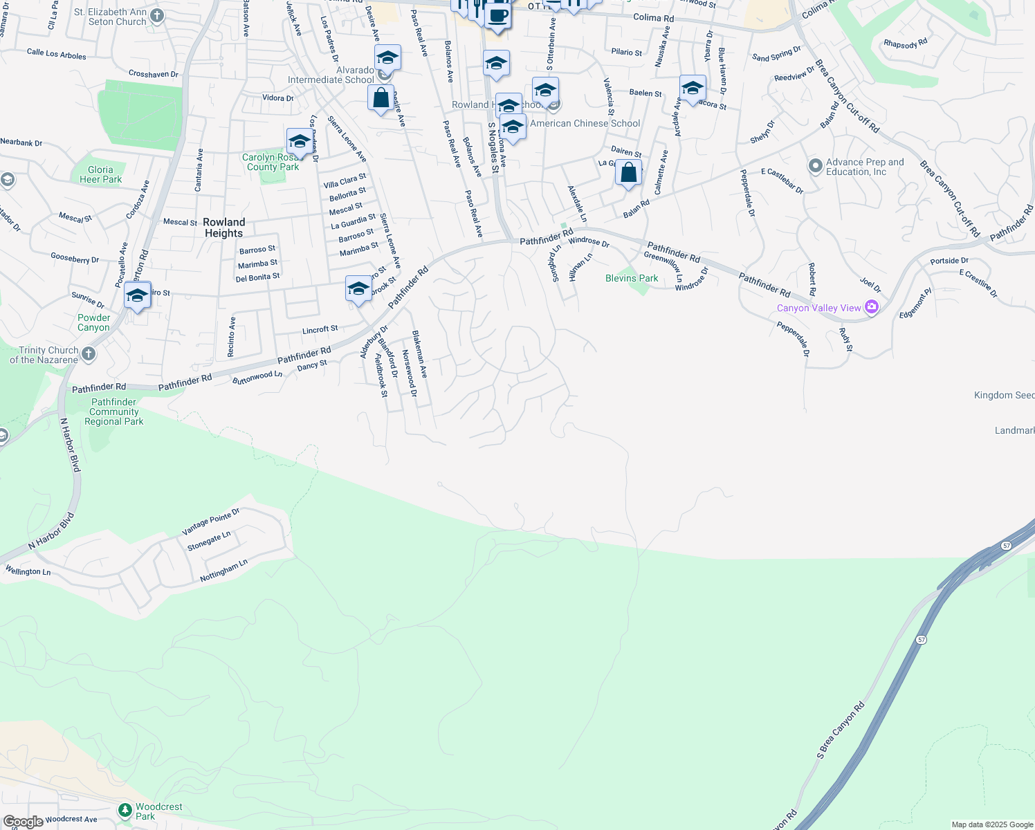 map of restaurants, bars, coffee shops, grocery stores, and more near 18939 Bramhall Lane in Rowland Heights