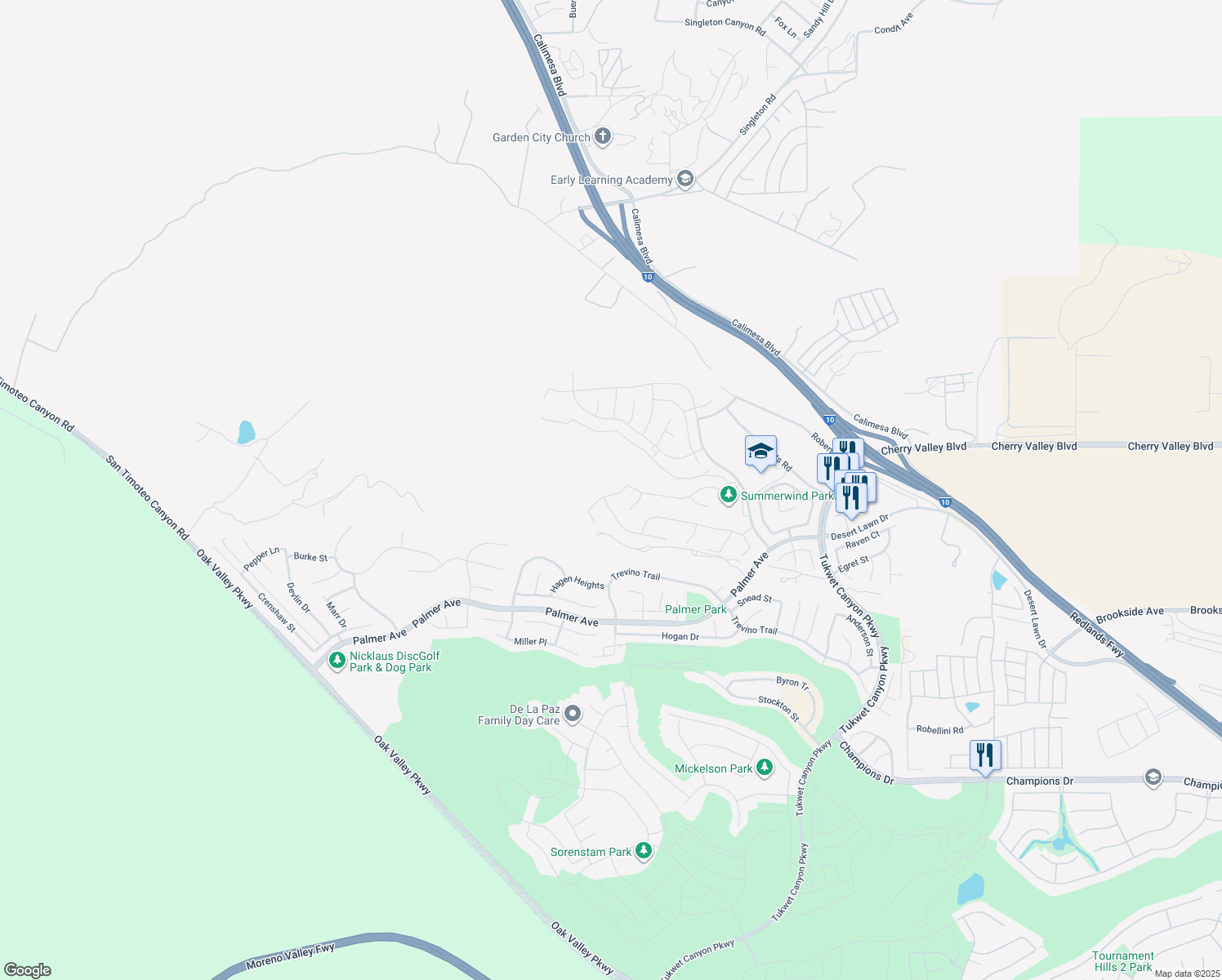 map of restaurants, bars, coffee shops, grocery stores, and more near 1537 Yucca Court in Calimesa