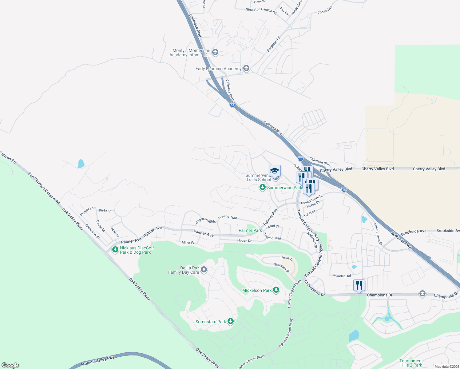 map of restaurants, bars, coffee shops, grocery stores, and more near 1358 Chestnut Road in Calimesa