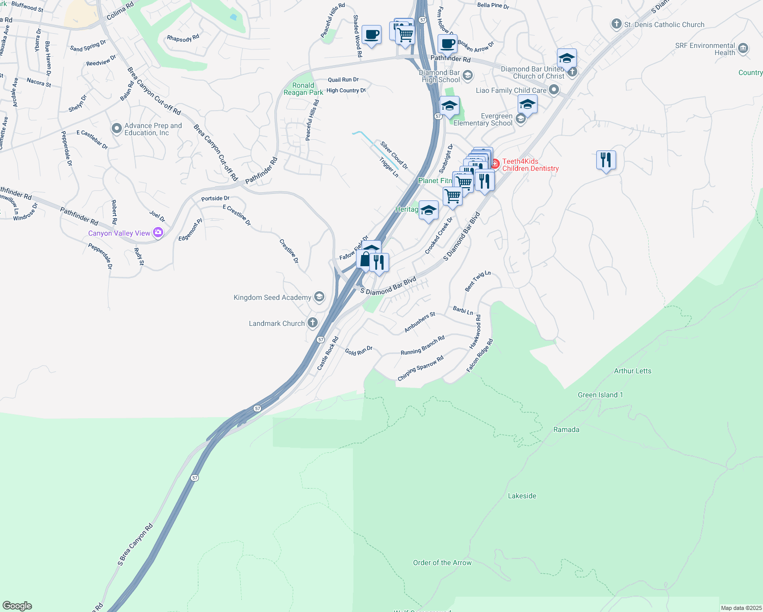 map of restaurants, bars, coffee shops, grocery stores, and more near 3135 Marigold Circle in Diamond Bar