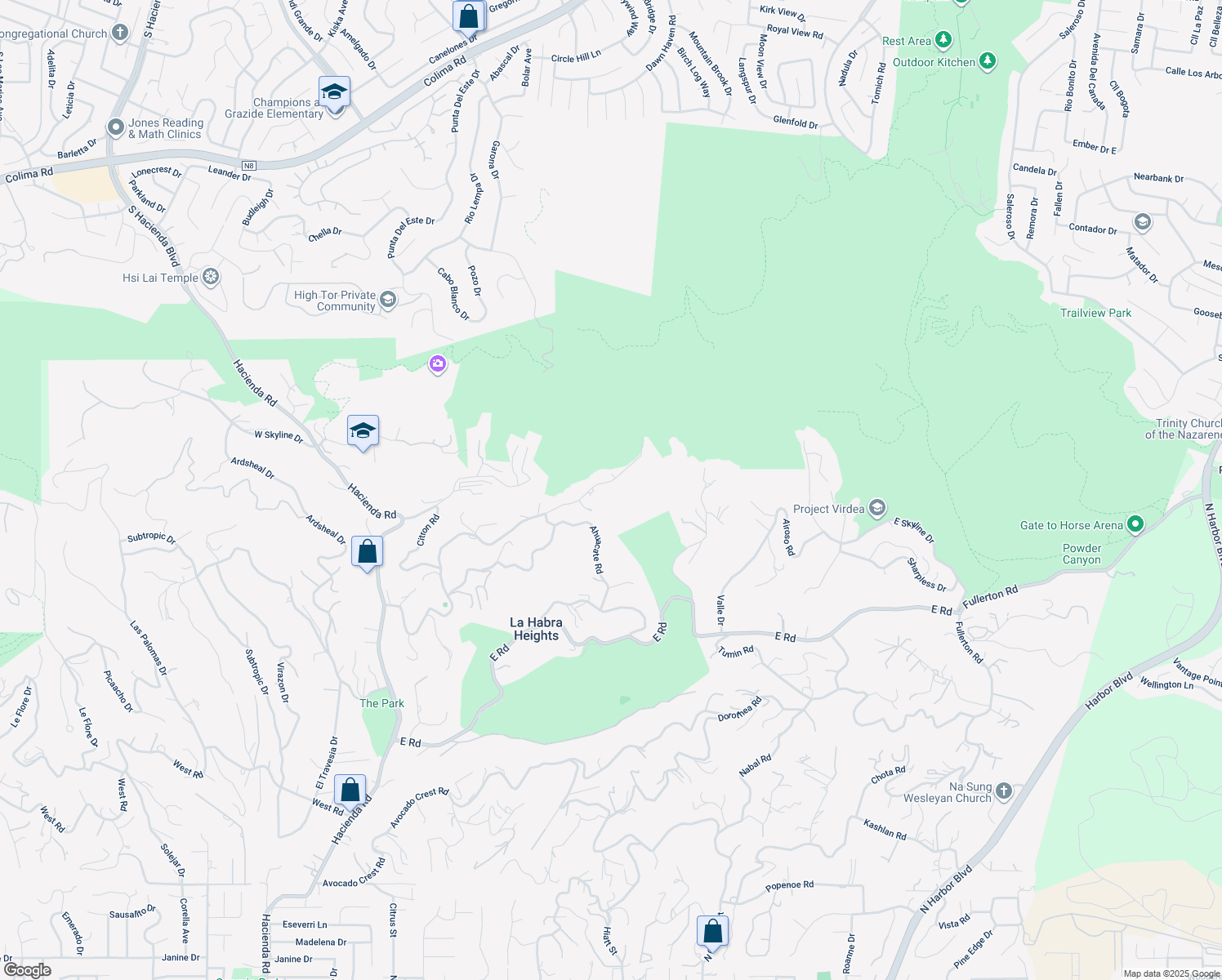map of restaurants, bars, coffee shops, grocery stores, and more near 918 Reposado Drive in La Habra Heights