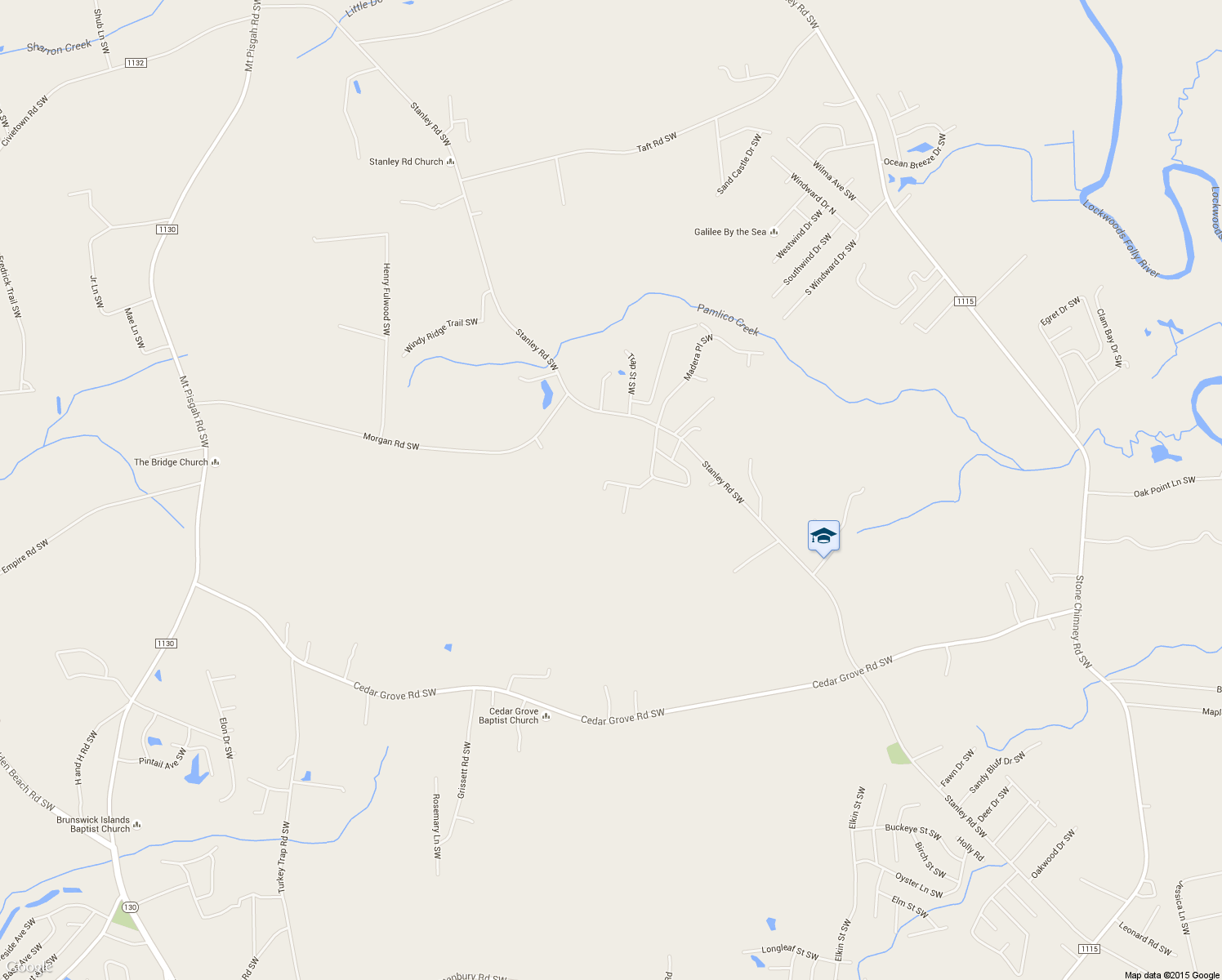 map of restaurants, bars, coffee shops, grocery stores, and more near 1085 Salt Pine Road Southwest in Brunswick County