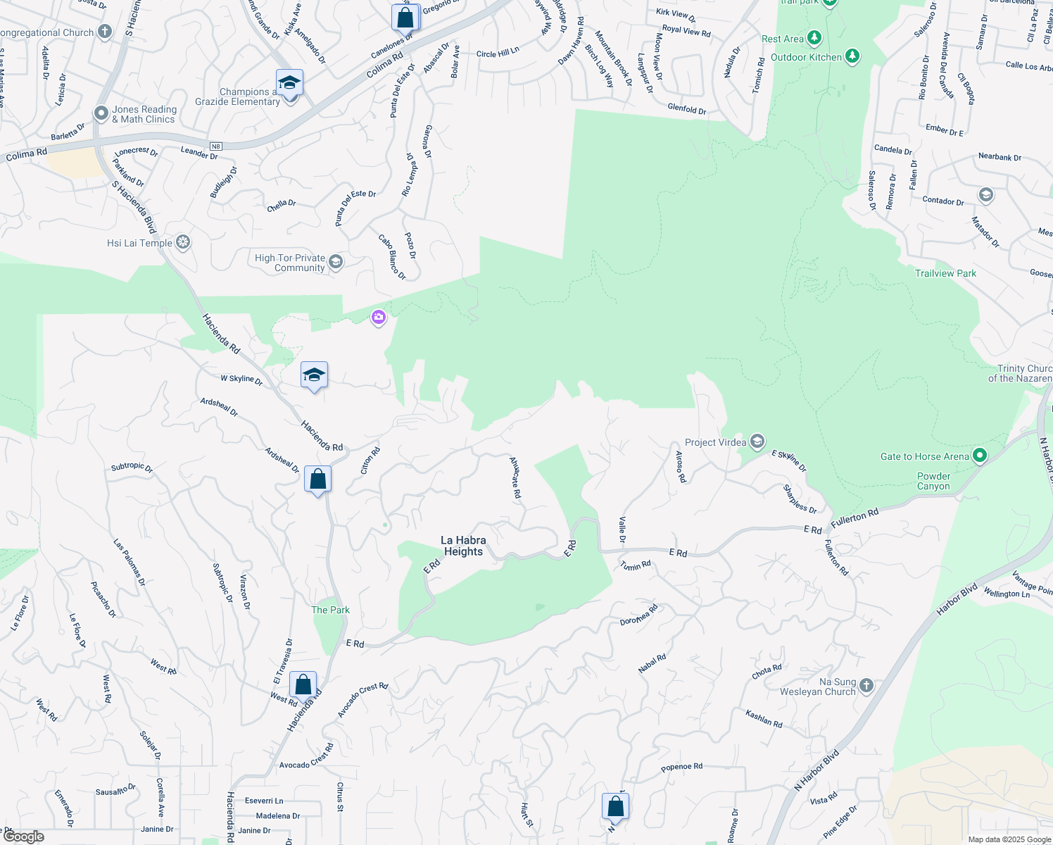 map of restaurants, bars, coffee shops, grocery stores, and more near 918 Reposado Drive in La Habra Heights