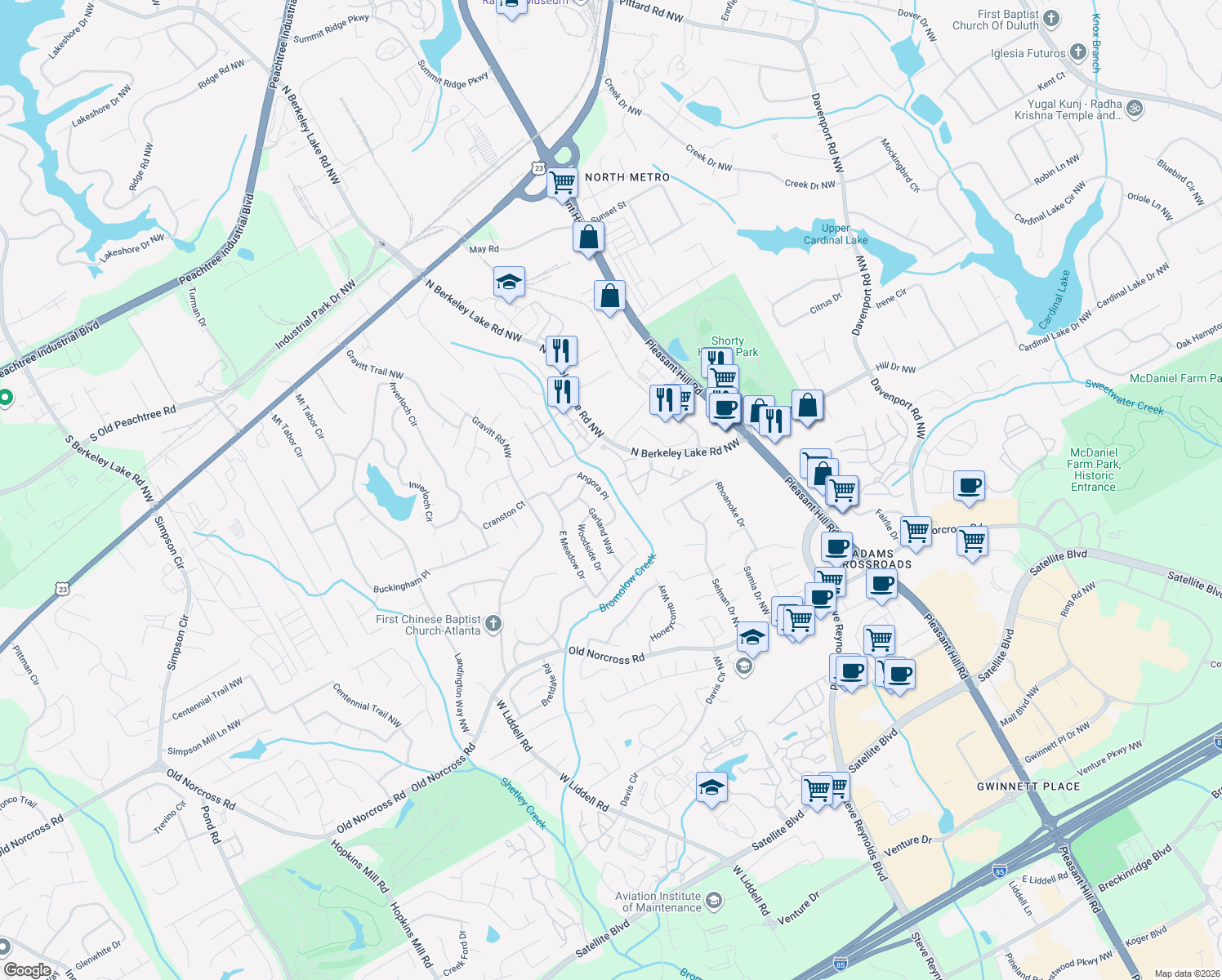 map of restaurants, bars, coffee shops, grocery stores, and more near 3881 Angora Pl in Duluth