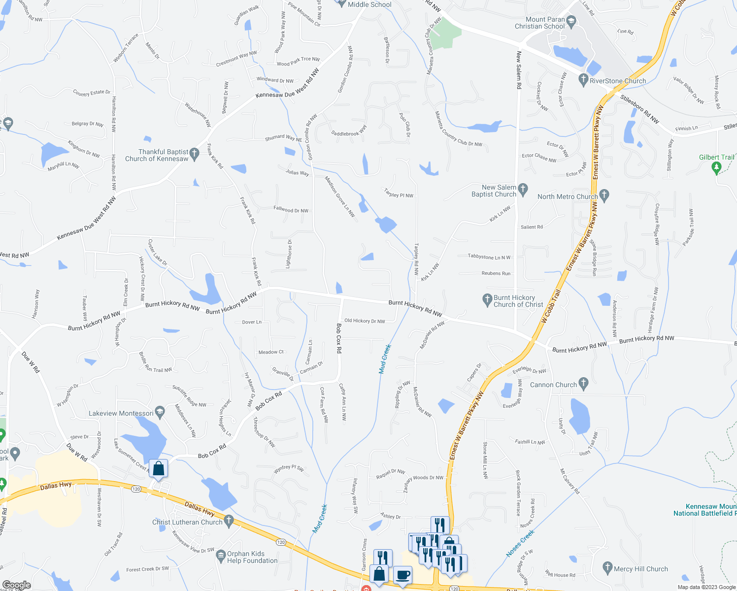 map of restaurants, bars, coffee shops, grocery stores, and more near 2652 Burnt Hickory Road Northwest in Marietta