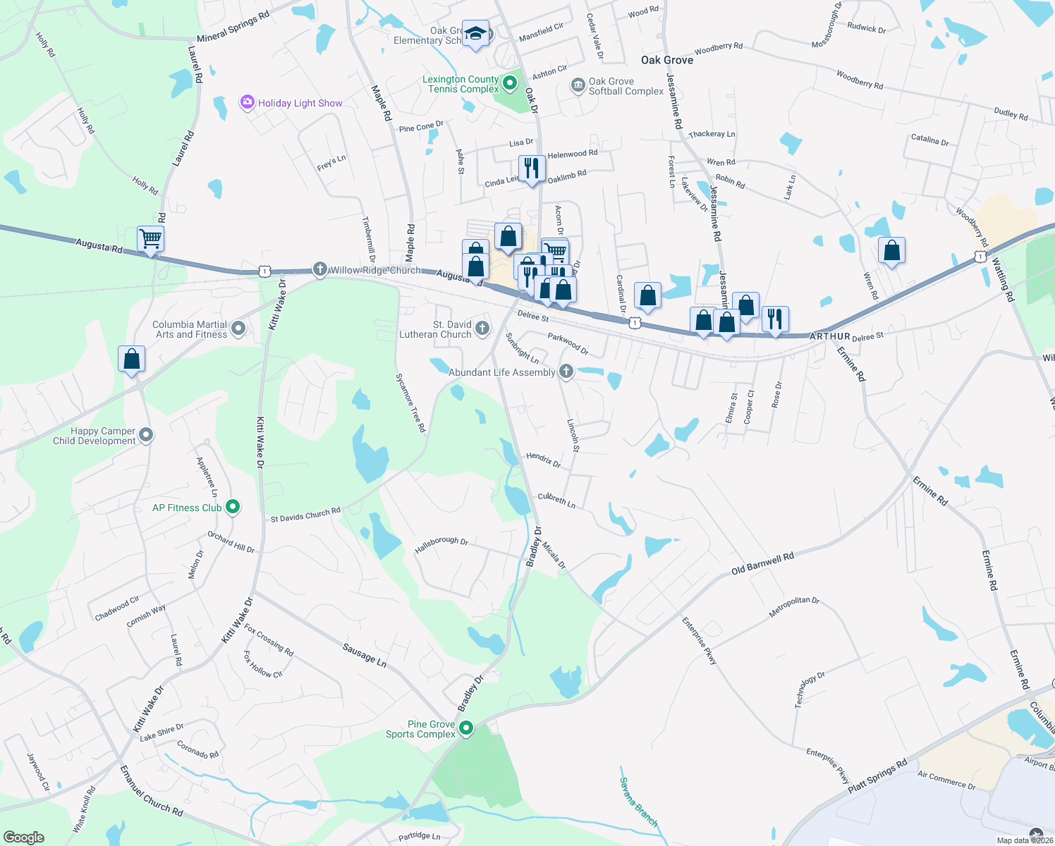 map of restaurants, bars, coffee shops, grocery stores, and more near 236 Tanya Lane in West Columbia