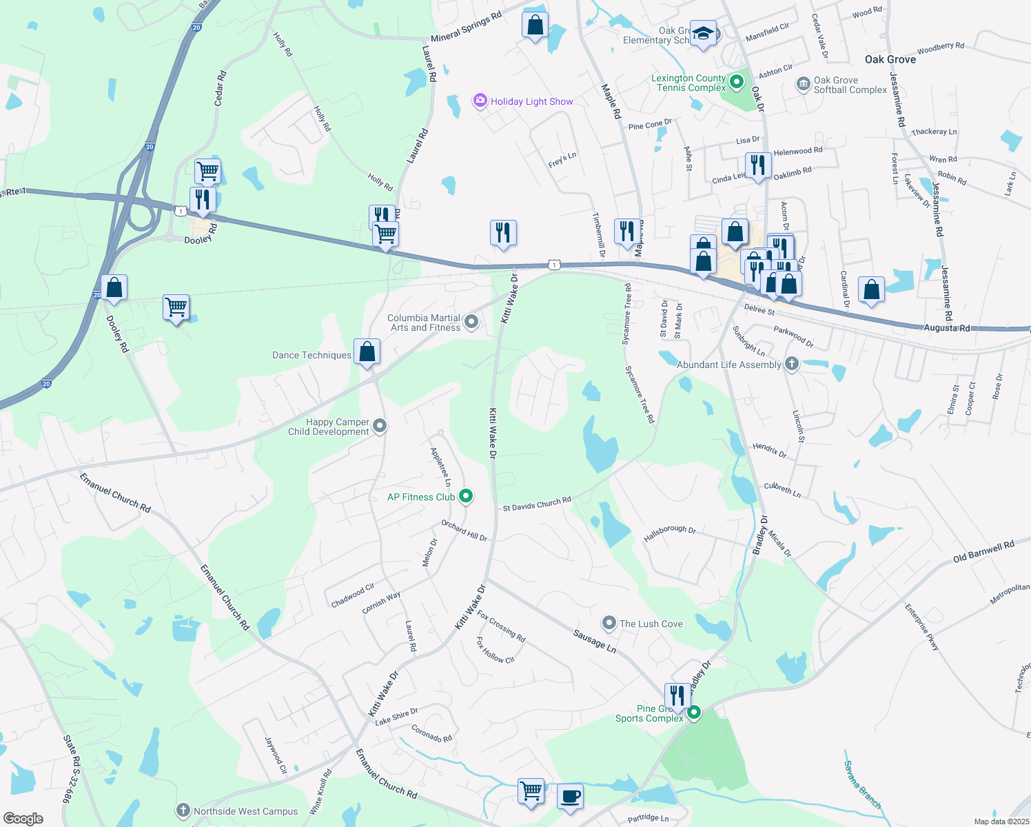 map of restaurants, bars, coffee shops, grocery stores, and more near 226 Nitsill Court in West Columbia