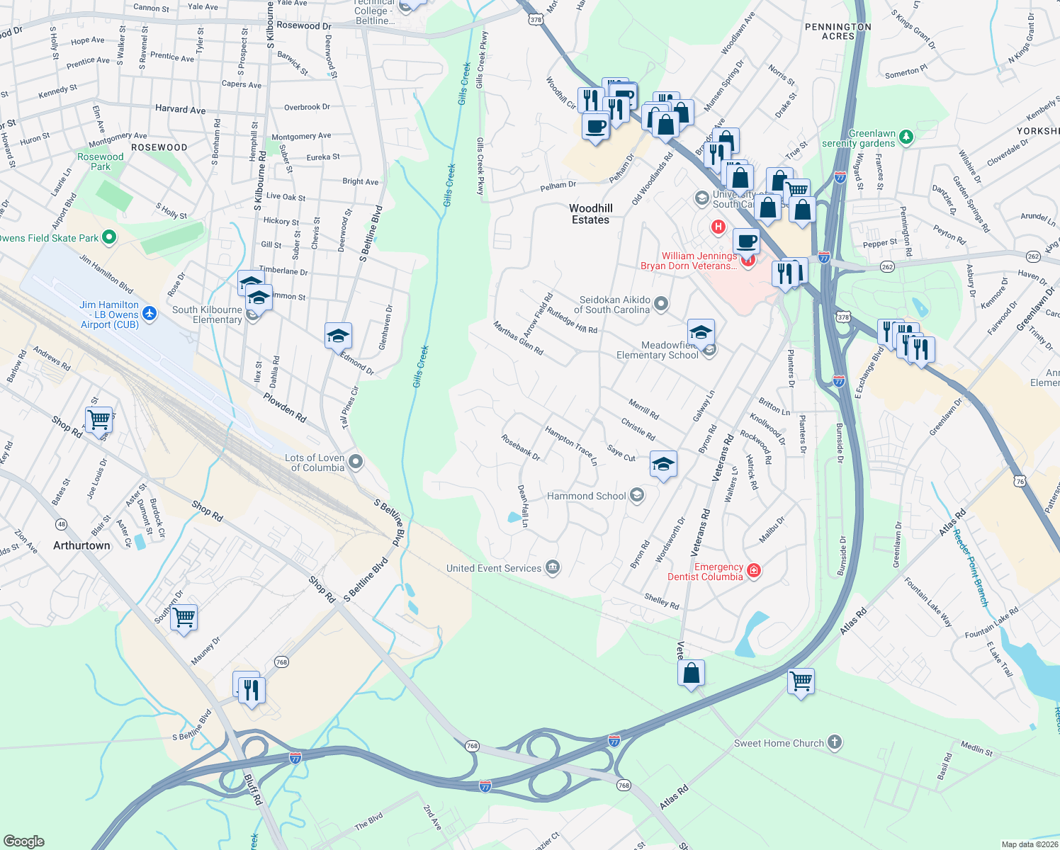 map of restaurants, bars, coffee shops, grocery stores, and more near 409 Hampton Trace Lane in Columbia