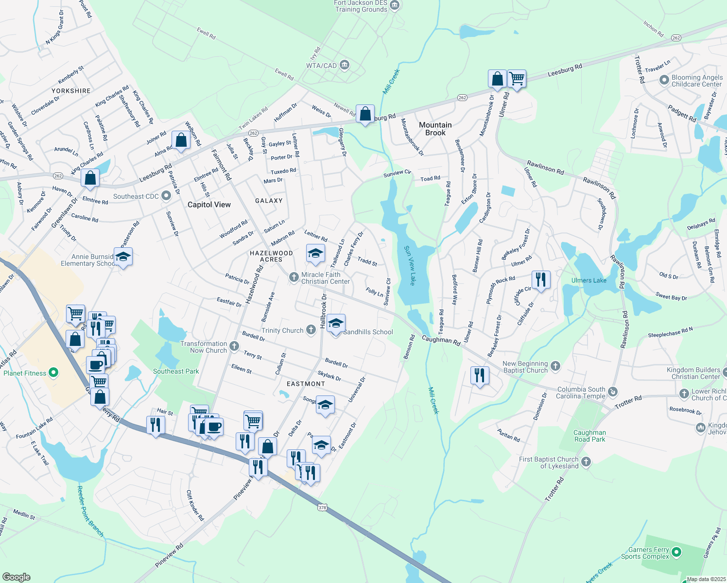 map of restaurants, bars, coffee shops, grocery stores, and more near 7912 Folly Lane in Columbia