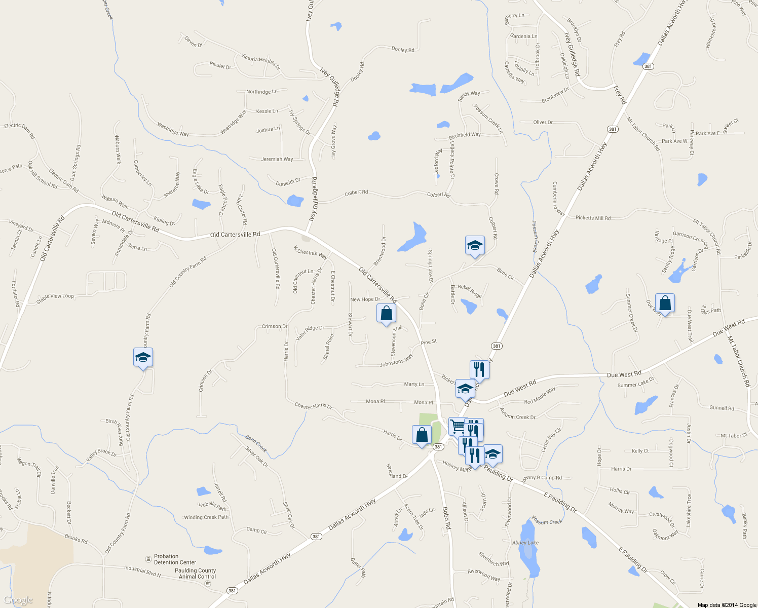 map of restaurants, bars, coffee shops, grocery stores, and more near 55 New Hope Drive in Dallas