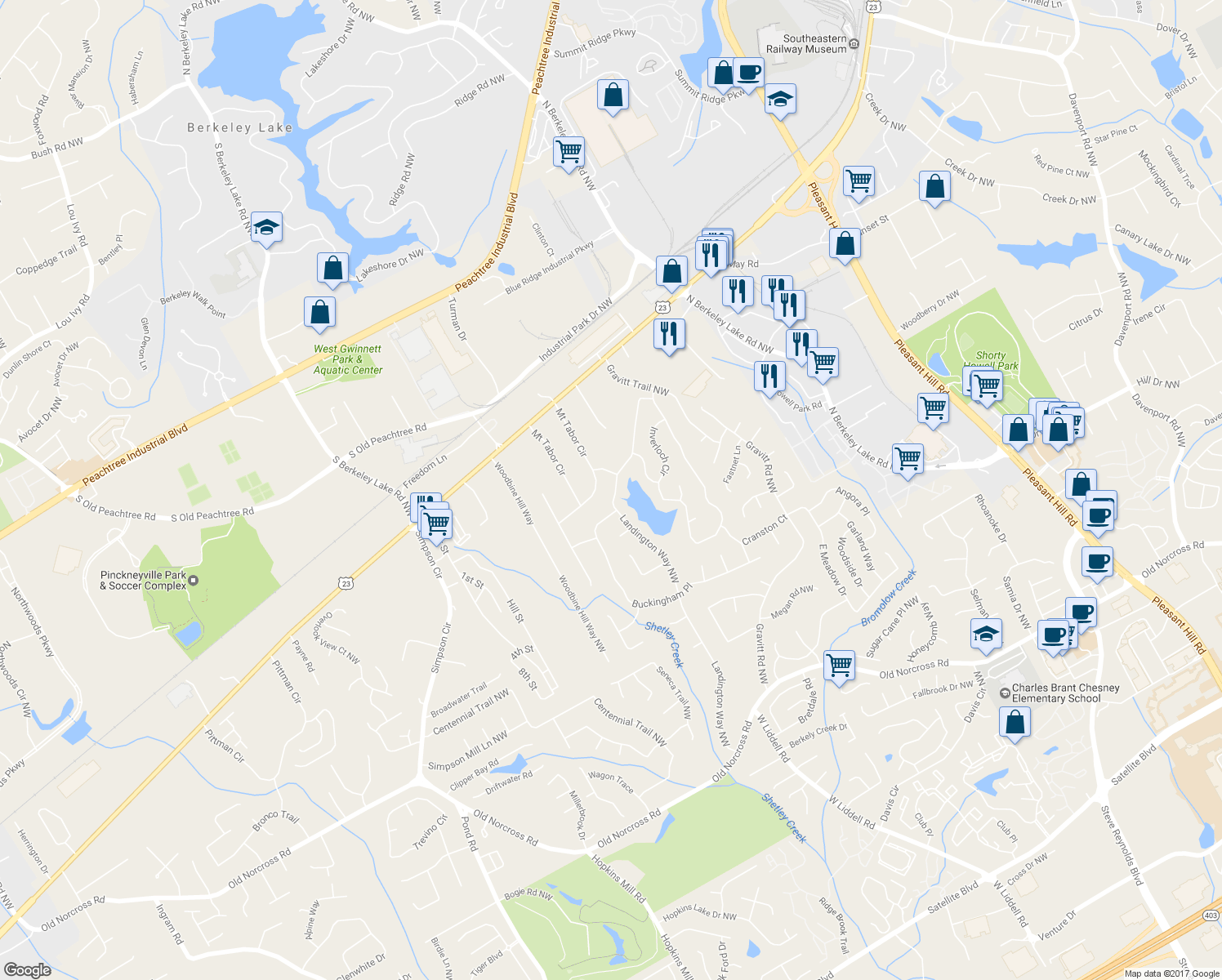map of restaurants, bars, coffee shops, grocery stores, and more near 2896 Landington Way Northwest in Duluth
