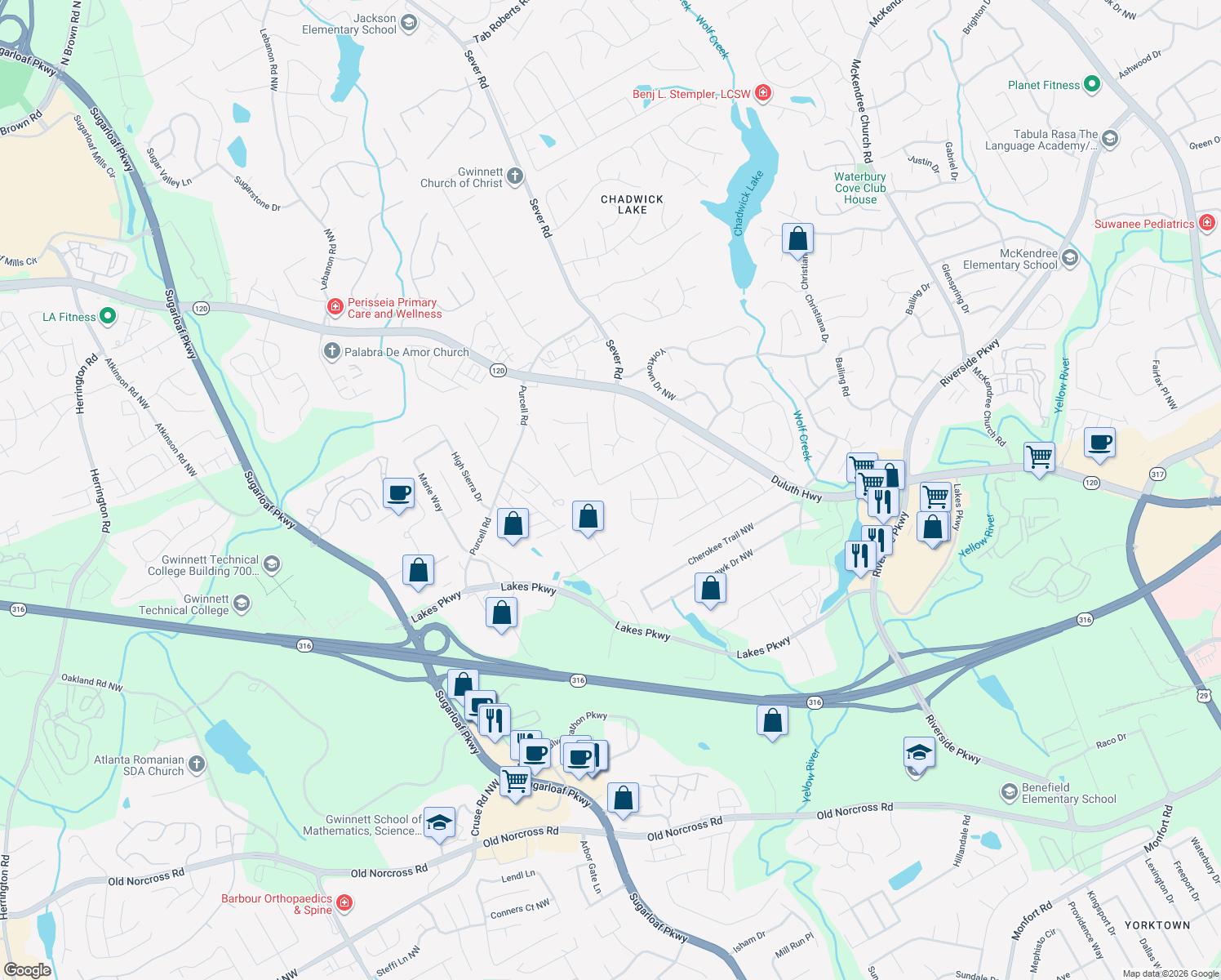 map of restaurants, bars, coffee shops, grocery stores, and more near 1520 Omie Way in Lawrenceville