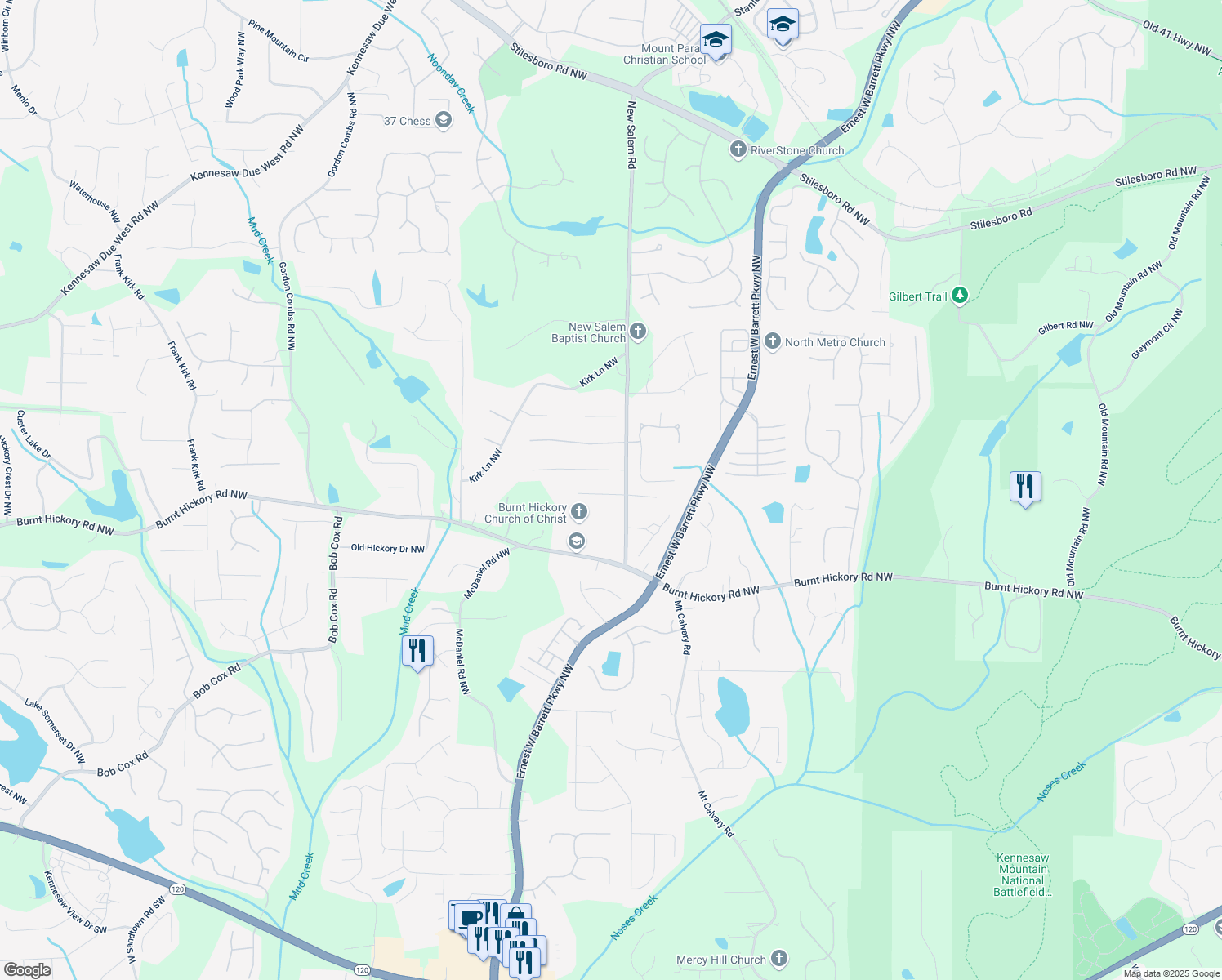 map of restaurants, bars, coffee shops, grocery stores, and more near 2358 New Salem Trace in Marietta