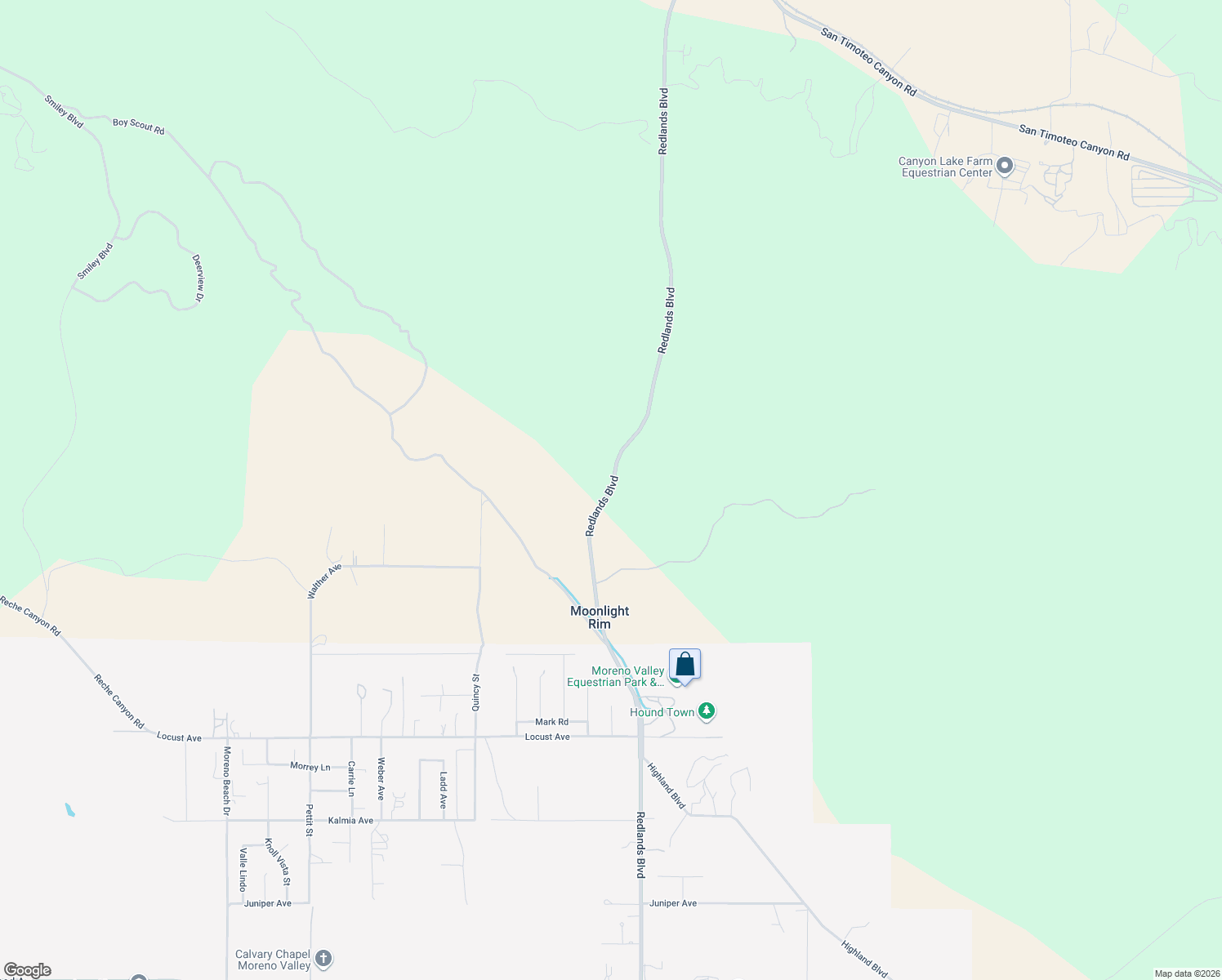 map of restaurants, bars, coffee shops, grocery stores, and more near 11000 Redlands Boulevard in Moreno Valley
