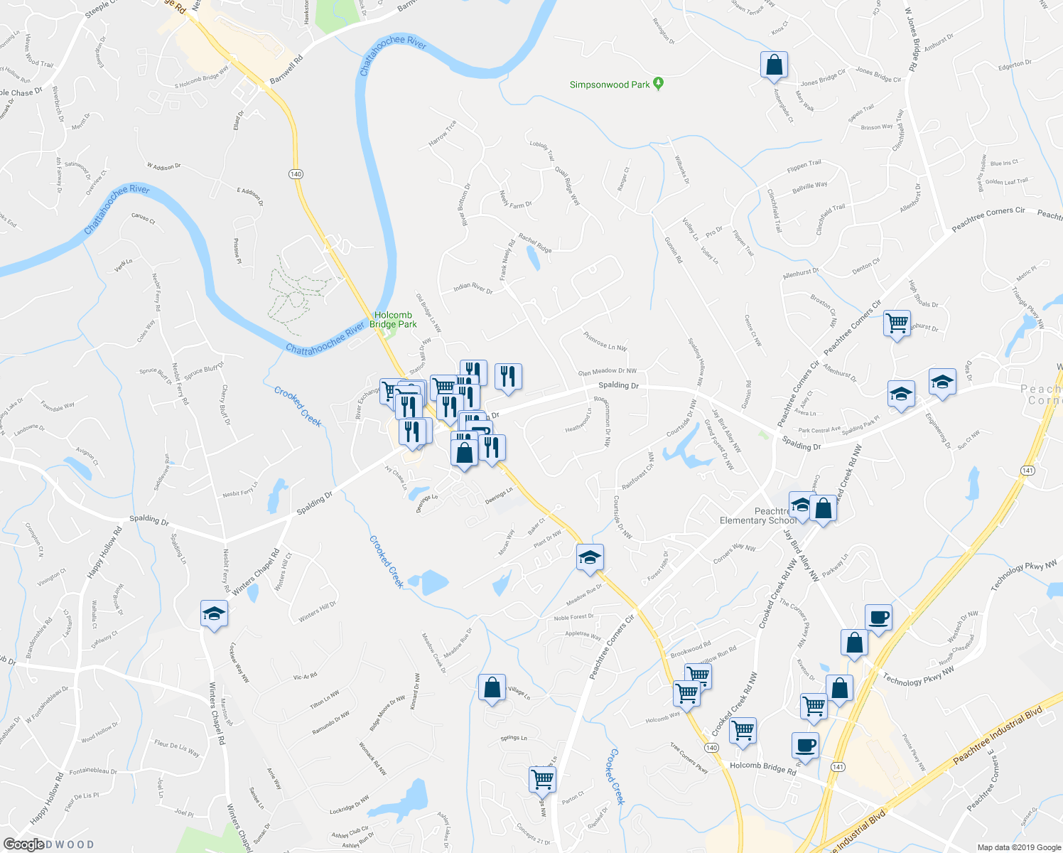 map of restaurants, bars, coffee shops, grocery stores, and more near 6276 Rosecommon Drive Northwest in Norcross