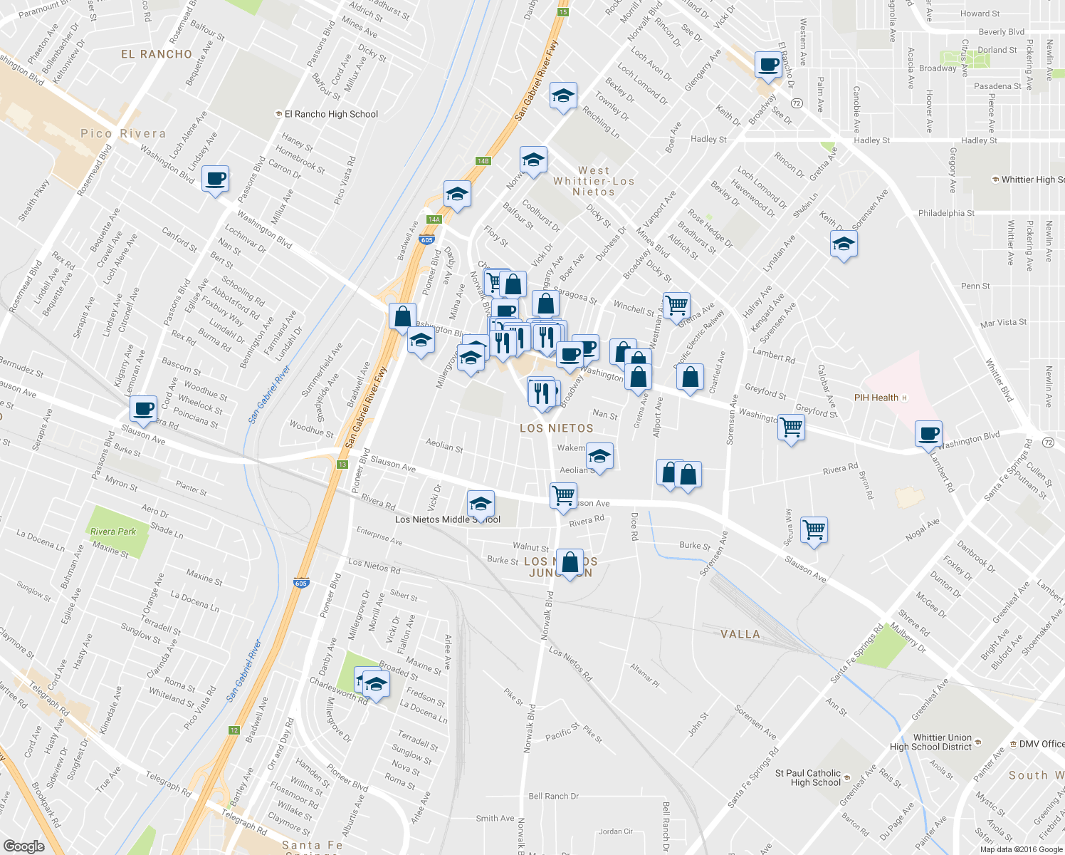 map of restaurants, bars, coffee shops, grocery stores, and more near 11330 Waddell Street in Whittier
